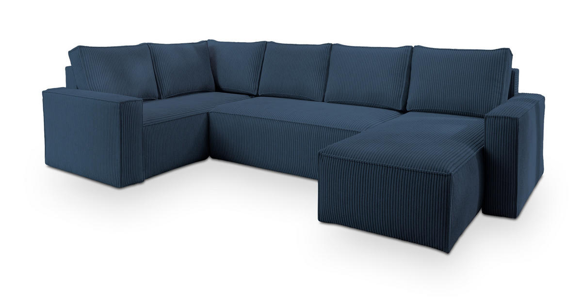 WOHNLANDSCHAFT NORENA L-S Blau Kordstoff mit Schlaffunktion - Blau, Holz (295/85/157.5cm) - MASSENO