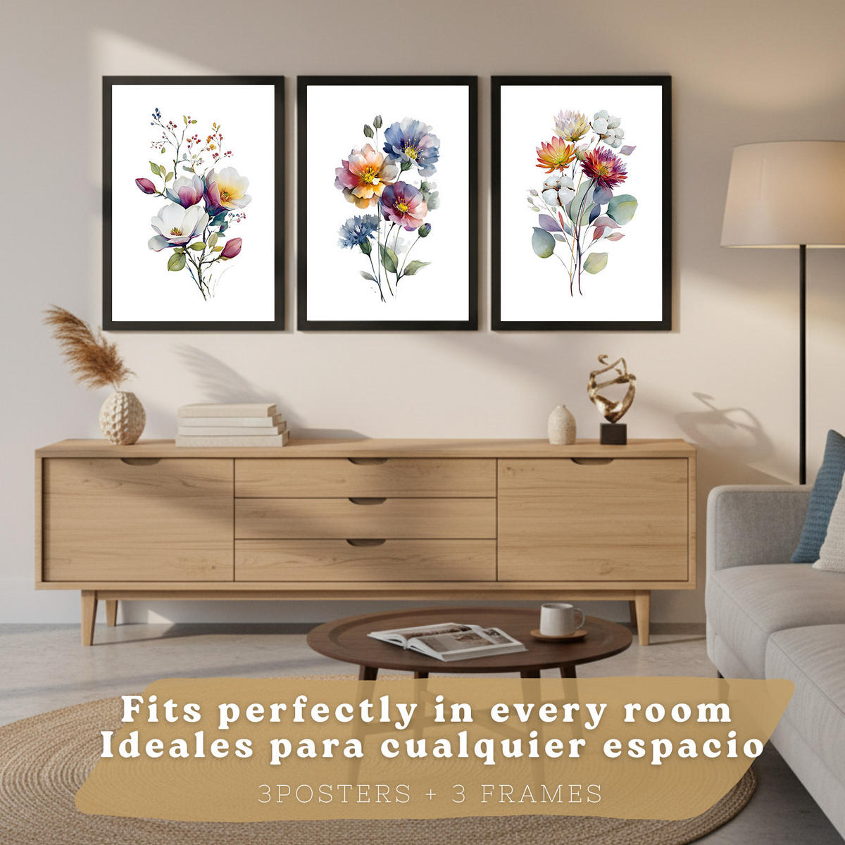 PLAKAT Sada 3 botanických uměleckých tisků. Květinové nástěnné umění. Moderní minimalistický květinový nástěnný PLAKAT. Velikost Černý rám A4 - černá, papír (21/29.7/3cm) - Nacnic