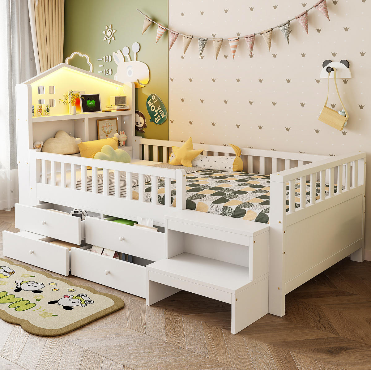 KINDERBETT 90/200 cm mit LED-Beleuchtung, USB- und Typ-C-Anschluss, 4 Schubladen und Treppe, Weiß - Weiß, Holzwerkstoff (90/200cm) - Redom