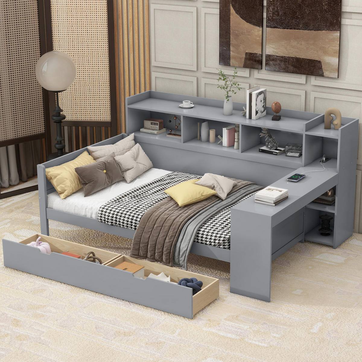 TAGESBETT 90/200 cm aus Holzwerkstoff mit Schreibtisch, USB-Anschluss, Steckdose und 2 Schubladen, Grau - Grau, Holzwerkstoff (90/200cm) - Redom