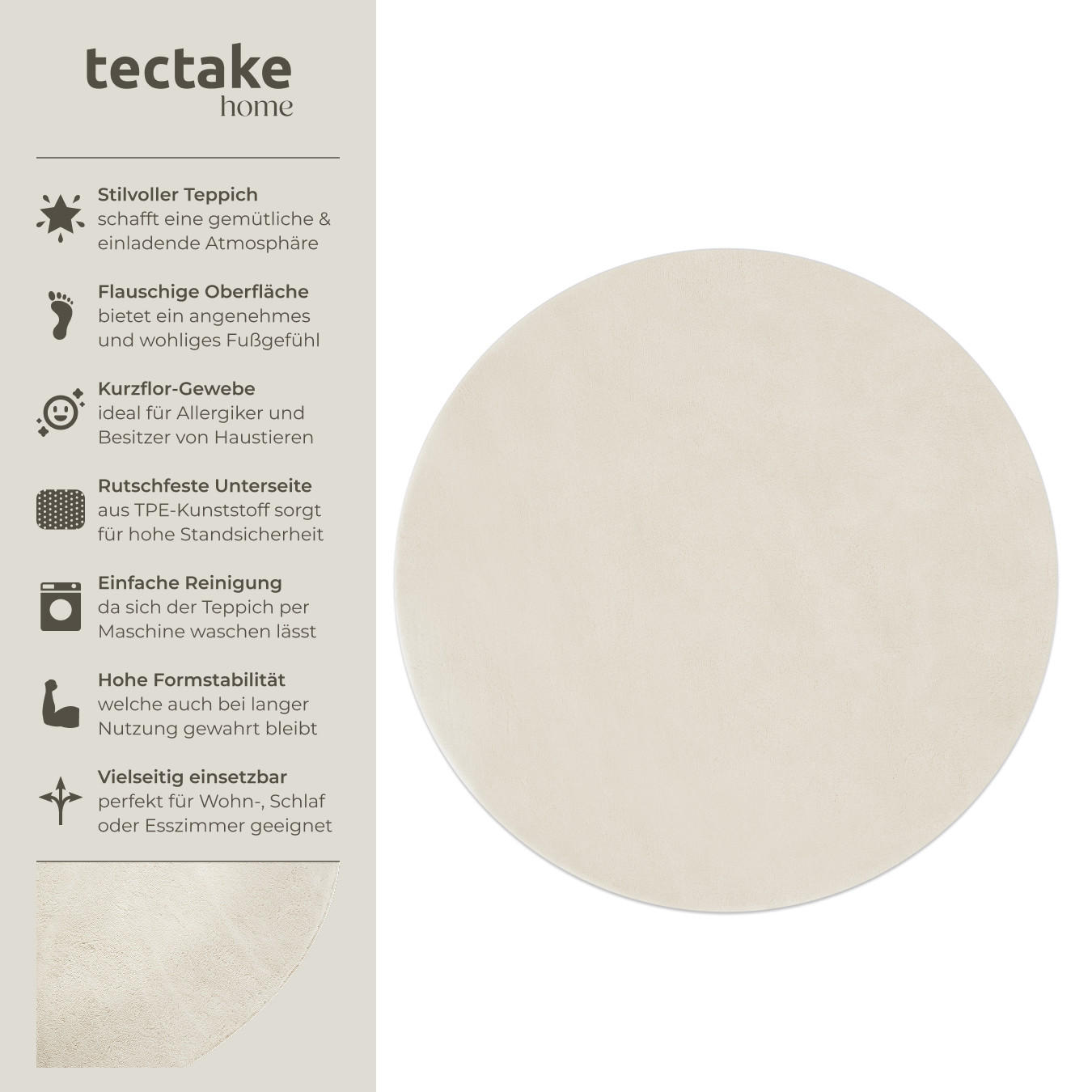 KURZFLORTEPPICH Soft Zone,rutschfeste Unterseite,creme - Creme, Kunststoff (120/120cm) - tectake