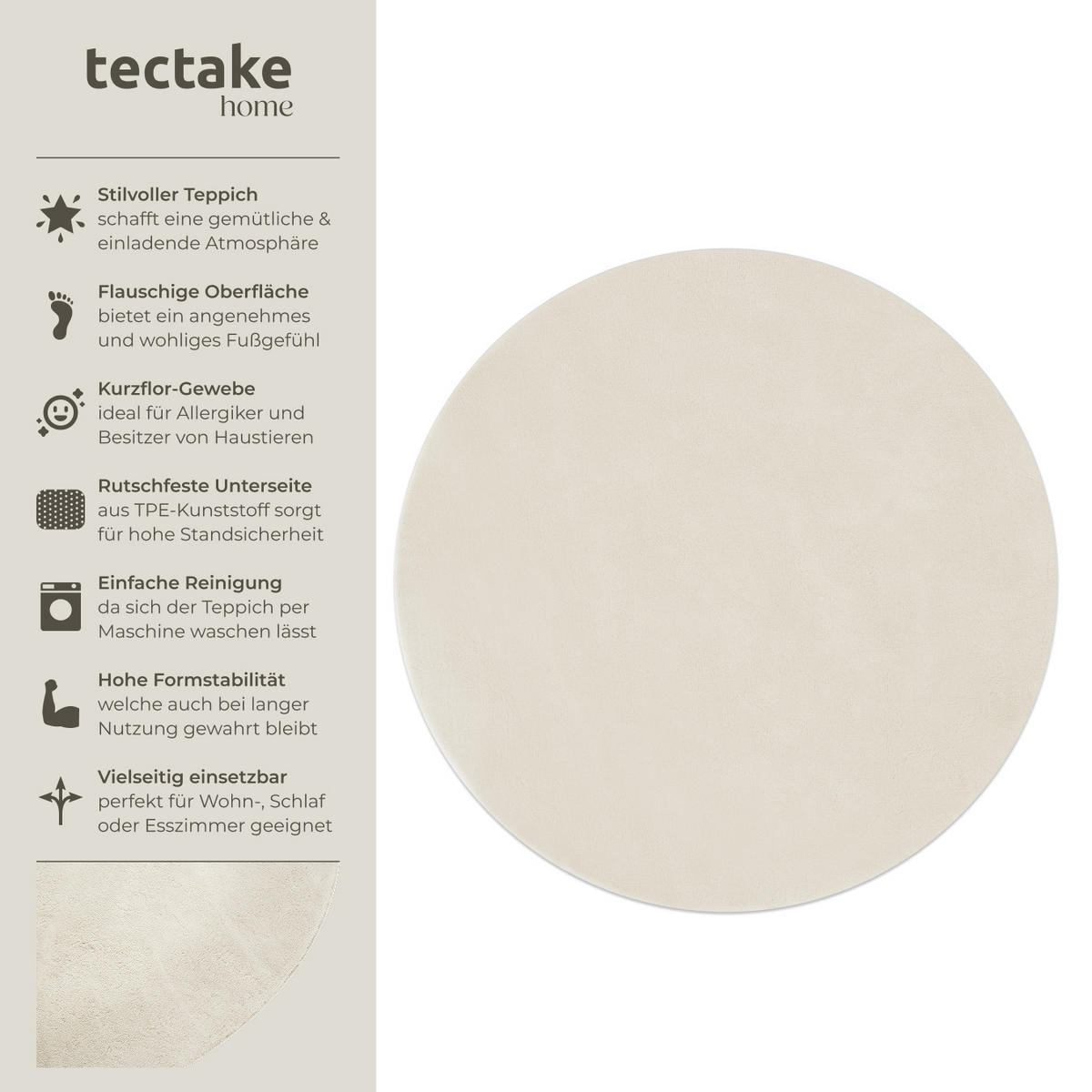 KURZFLORTEPPICH Soft Zone,rutschfeste Unterseite,creme - Creme, Kunststoff (120/120cm) - tectake