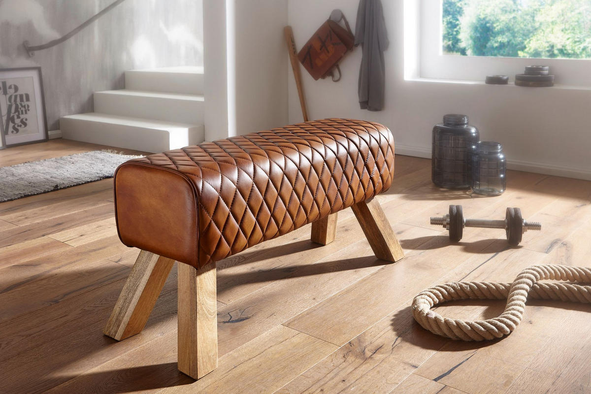SITZBANK – Leder/Mango Massivholz, ohne Lehne - Braun, Mangoholz/Leder (89/46/35cm) - KADIMA DESIGN