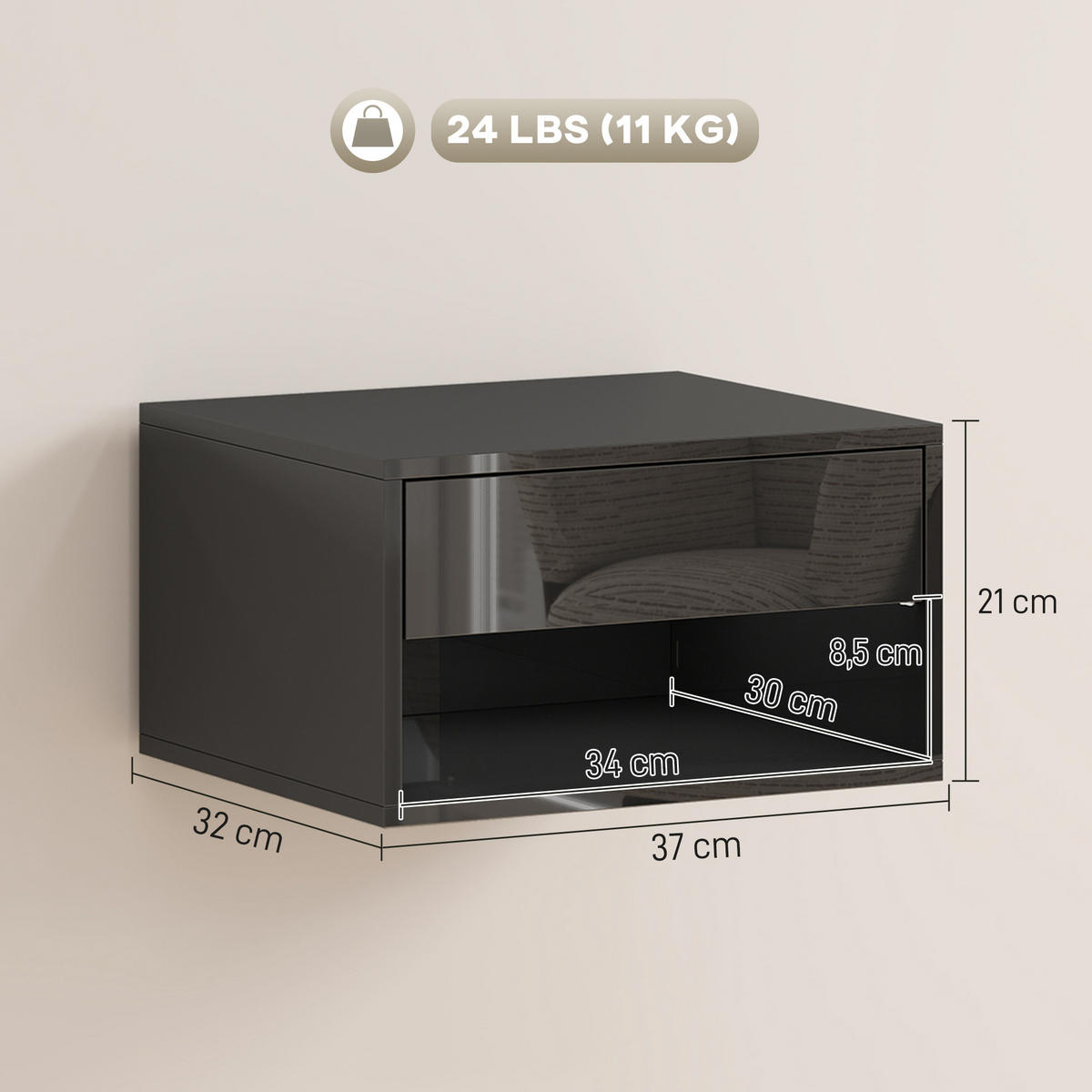 NACHTSCHRANK 2er-Set DE-12946 Schublade und offenes Fach Schwarz - Schwarz, Holzwerkstoff (32/21/37cm) - ComfortXL