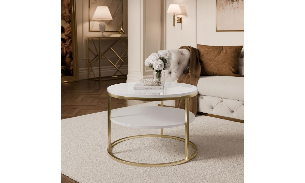 COUCHTISCH CIRI SLIM HOCHGLANZ Ø60/41 cm gebürstetes Gold / weißer Glanz - Goldfarben/Weiß, Holzwerkstoff/Metall (60/60/41cm) - Lookway