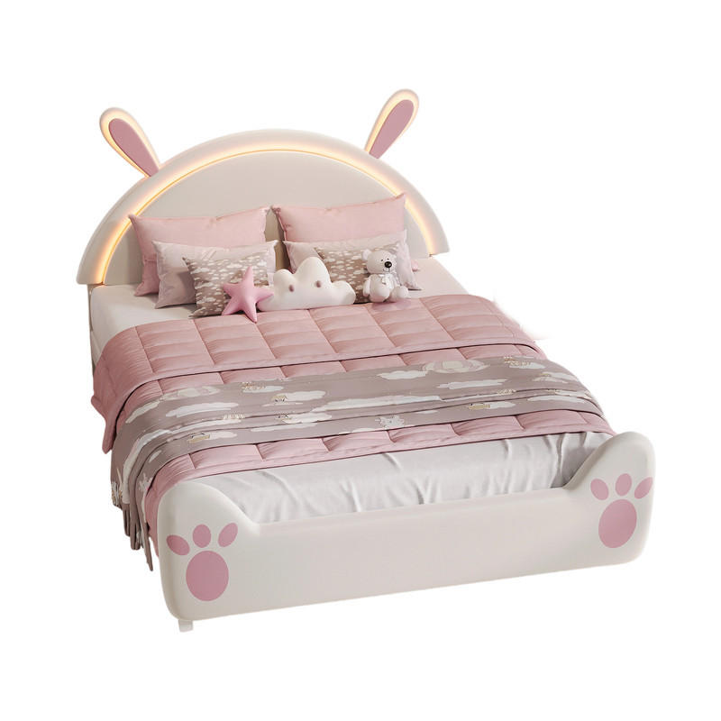 KINDERBETT 140/200 cm Samt Hase mit LED sicher weich - Rosa, Holz
