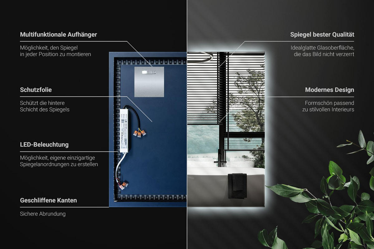 LED-SPIEGEL 50x50 cm Rechteckig Kaltweiß 6000K - Transparent, Glas (50/50/0.4cm) - Wallfluent