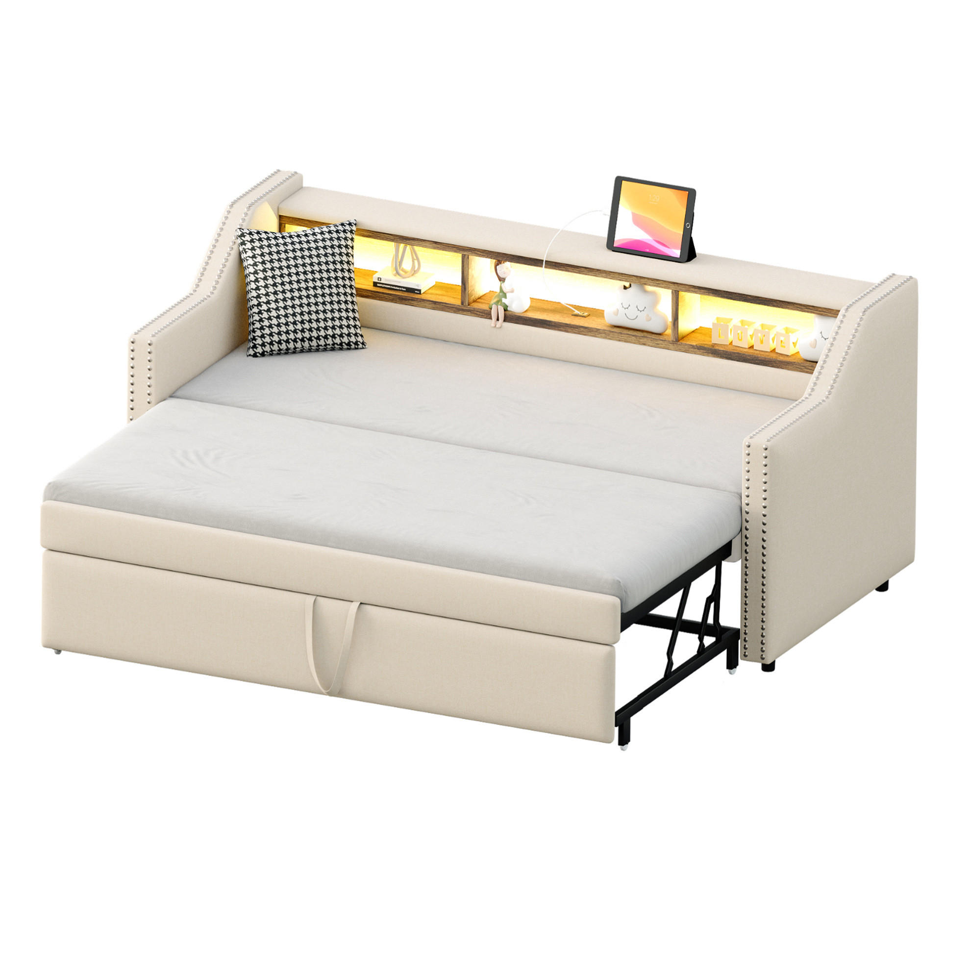 Modfu ČALOUNĚNÁ rozkládací postel z lnu 90/x190 cm béžová s úložnými přihrádkami, LED osvětlením a USB