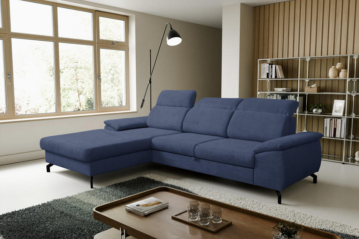 ECKSOFA MALIBU mit Schlaffunktion und Bettkasten, Farbe: Blau , Velourstoff, Ottomane Links - Blau, Textil (276/184cm) - VENASI MÖBEL