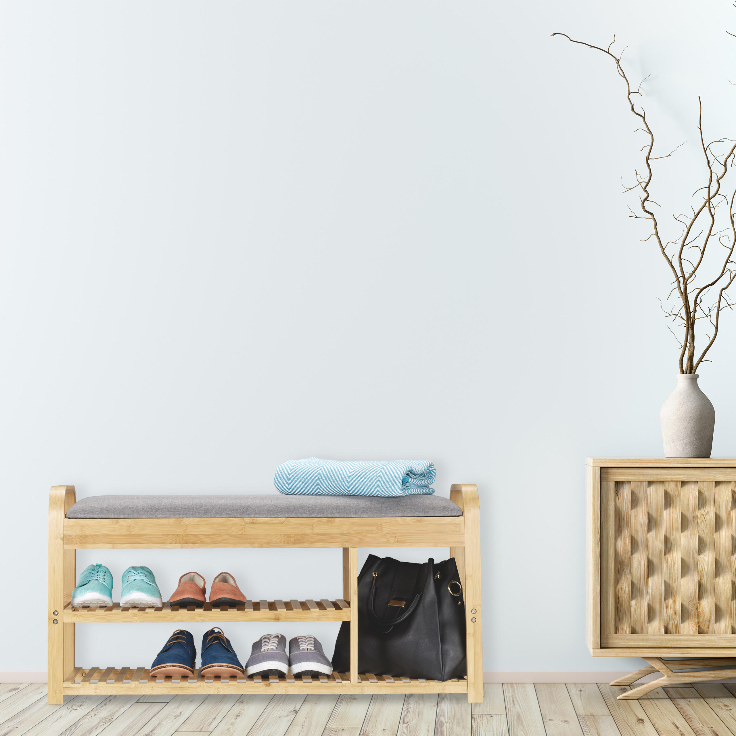 SCHUHBANK - Hellbraun, Holz/Textil (100.5/50/33cm) - Relaxdays