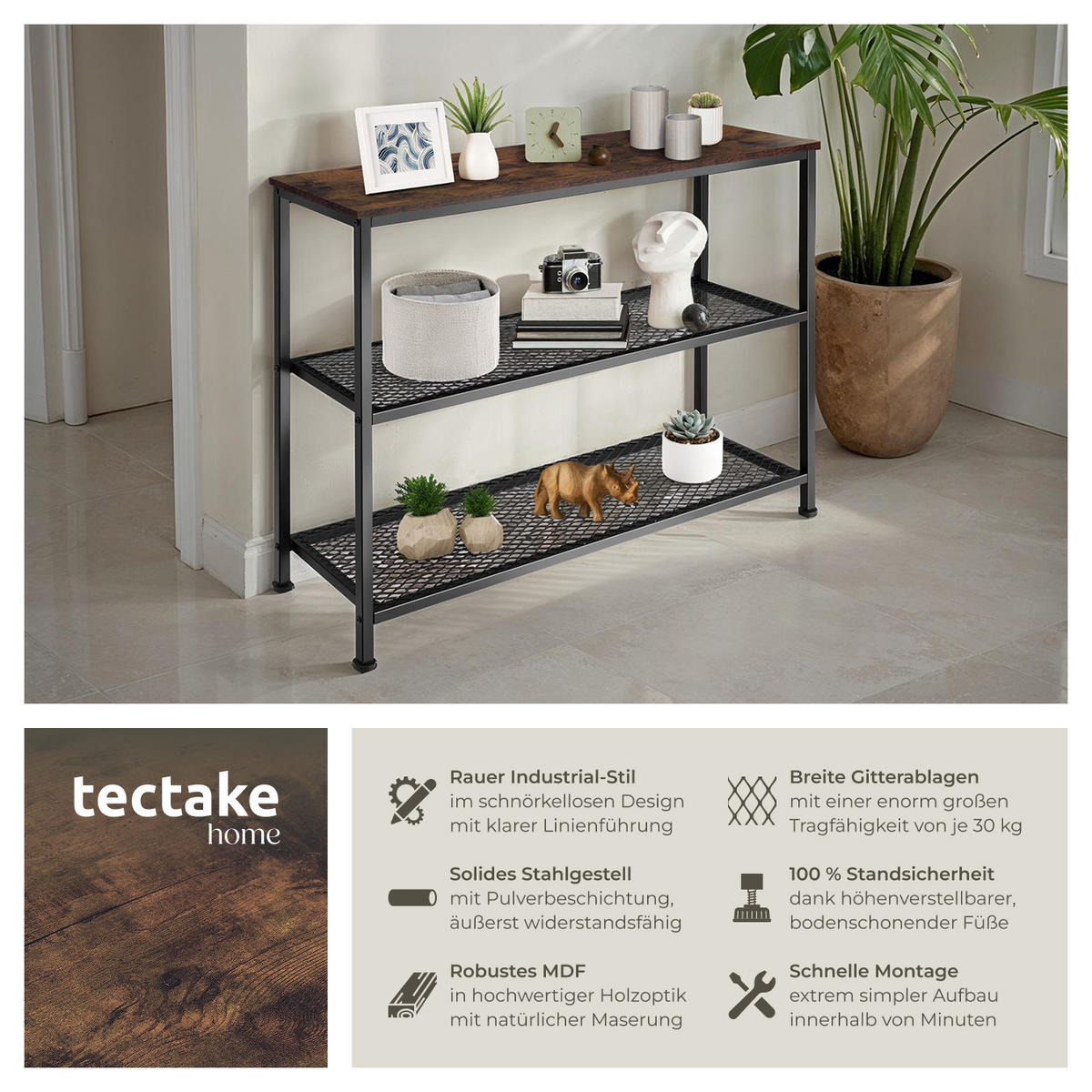 KONSOLENTISCH Bristol,100 x 30 x 81 cm,Industrial Holz dunkel, rustikal - Rostfarben, Holz (100/30/81cm) - tectake