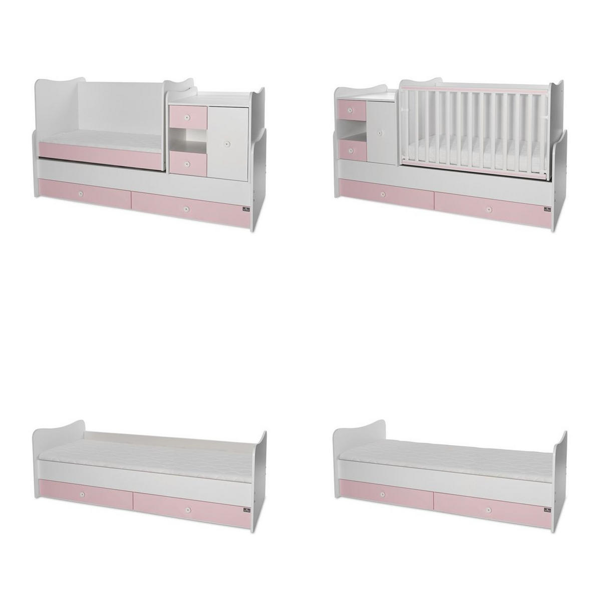 BABYBETT Mini Max 3 in 1 pink 120 x 60 cm, Jugendbett 190 x 72 cm, Wickelkommode, Schaukelfunktion - Rosa, Holzwerkstoff (72/190cm) - Lorelli