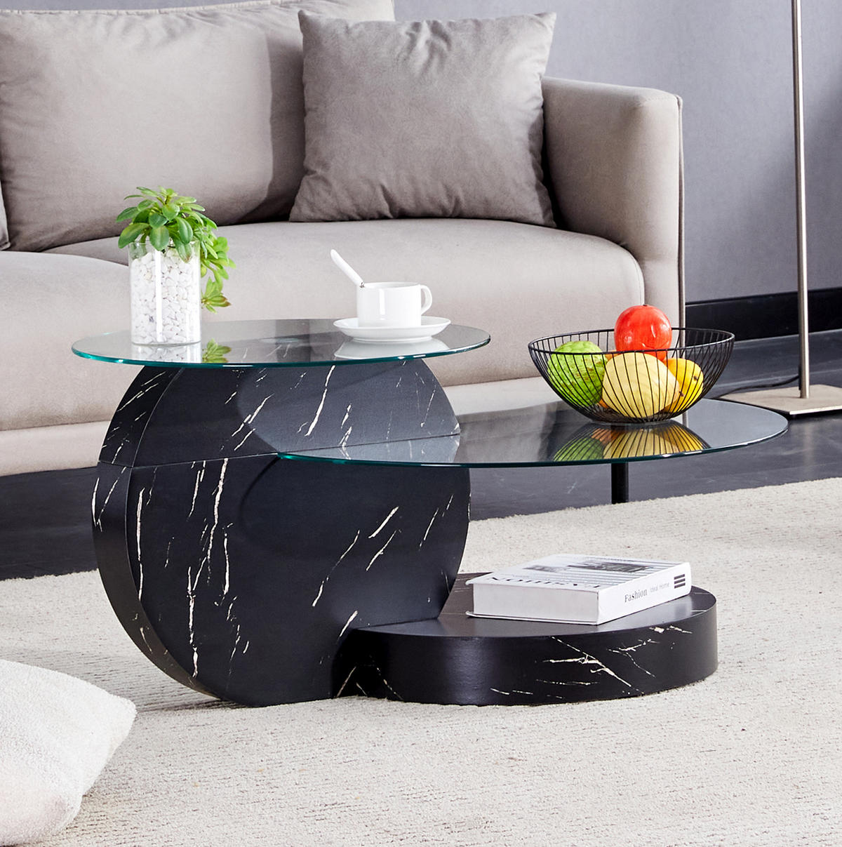 COUCHTISCH aus MDF und Glas 89x89x43 cm Schwarz/Transparent mit mehrstufigen Ablageflächen - Schwarz, Glas (89.9/89.9/43.2cm) - IVMEU