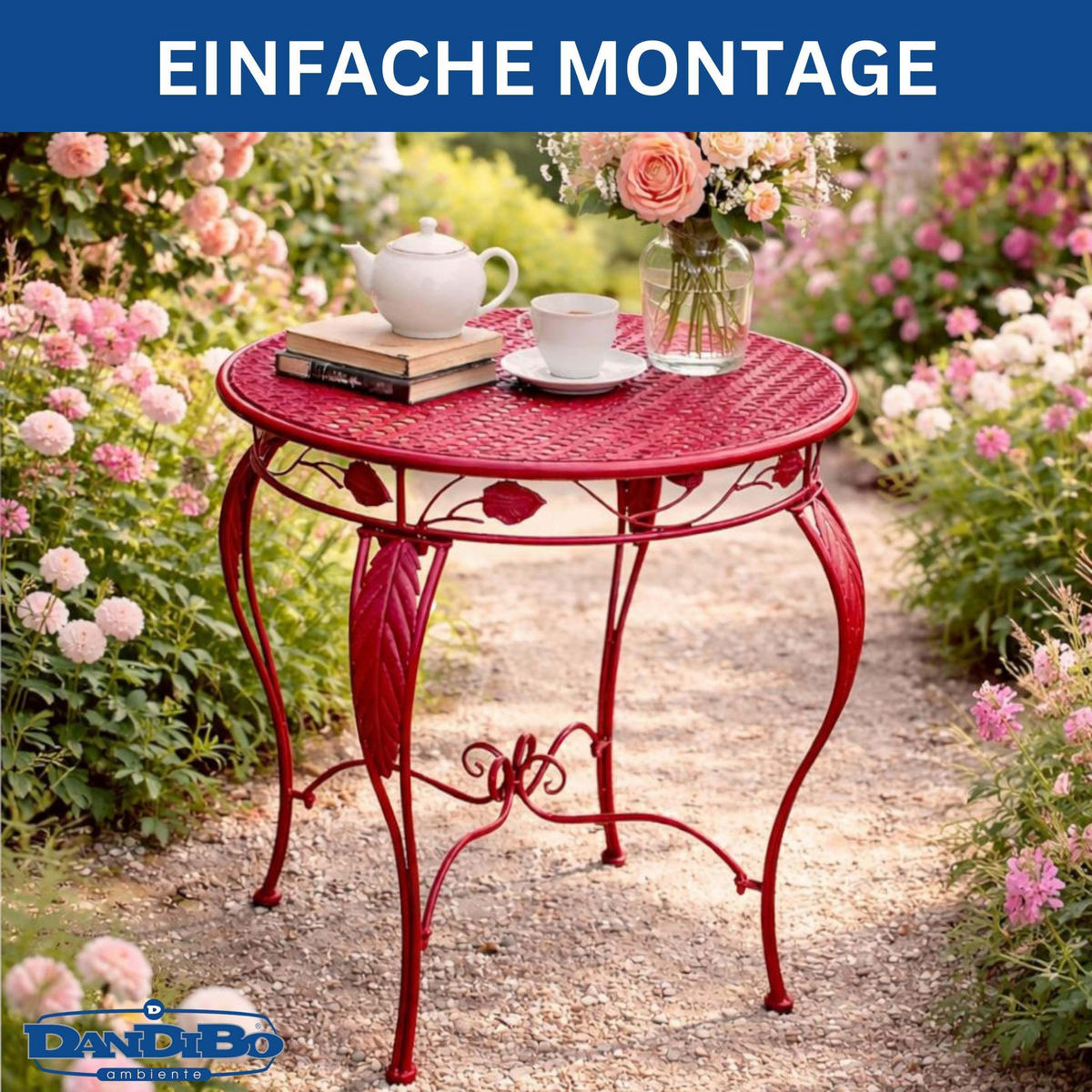 GARTENTISCH Rund 70cm Metall Antik Rot Wetterfest Terrassentisch - Rot, Metall (75/75/73cm) - DanDiBo