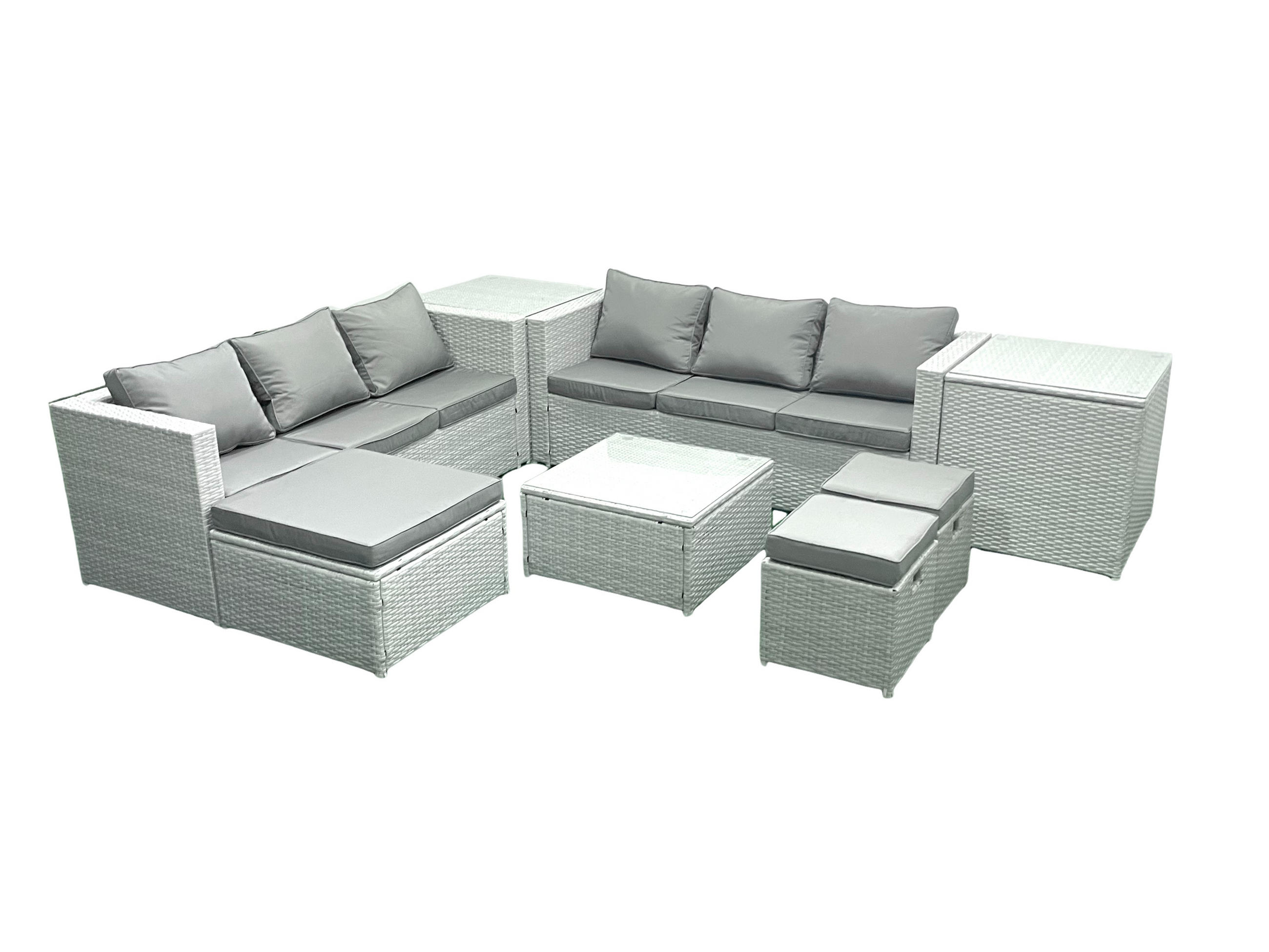 GARTENMÖBEL-SET mit Kissen Polyrattan Hellgrau-Mix 9-Sitzer - Hellgrau/Grau, Glas/Kunststoff - Fimous