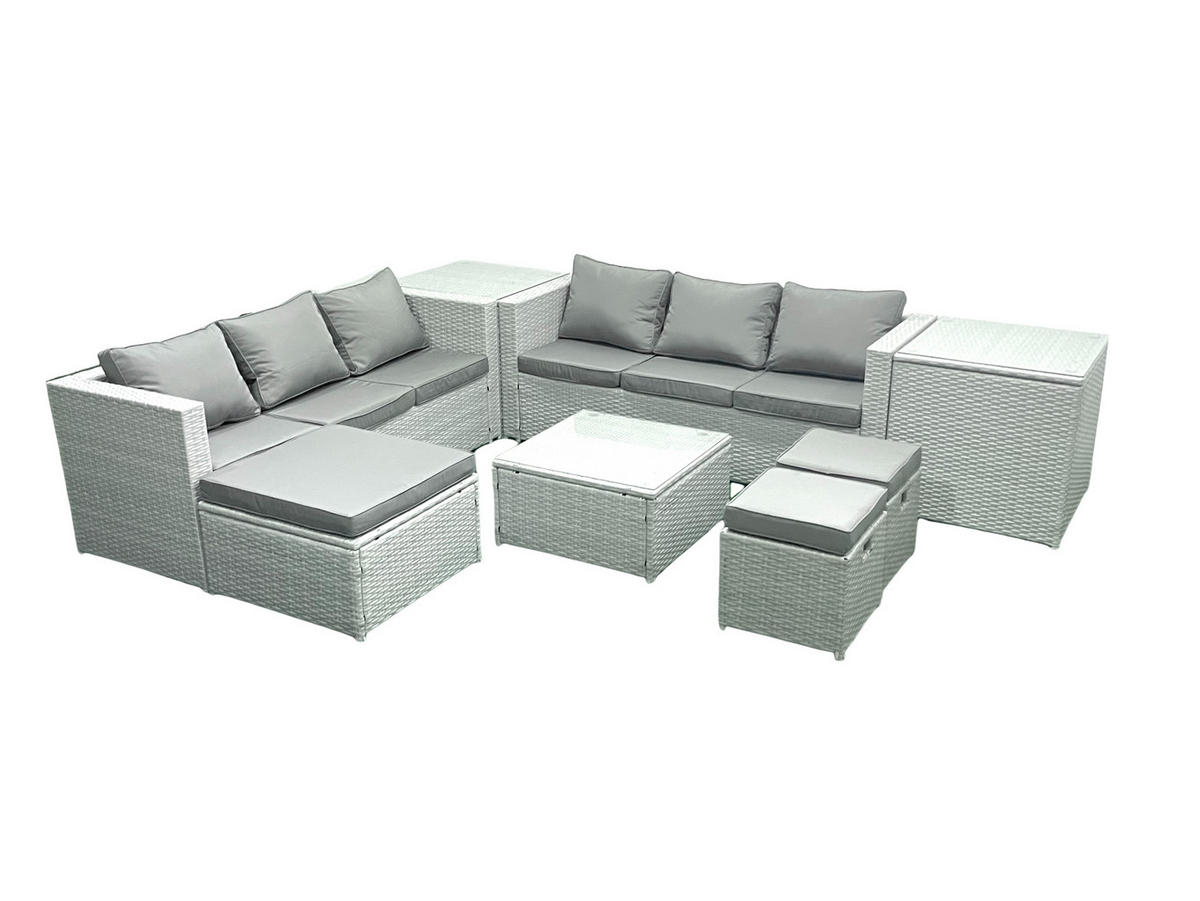 GARTENMÖBEL-SET mit Kissen Polyrattan Hellgrau-Mix 9-Sitzer - Hellgrau/Grau, Glas/Kunststoff - Fimous