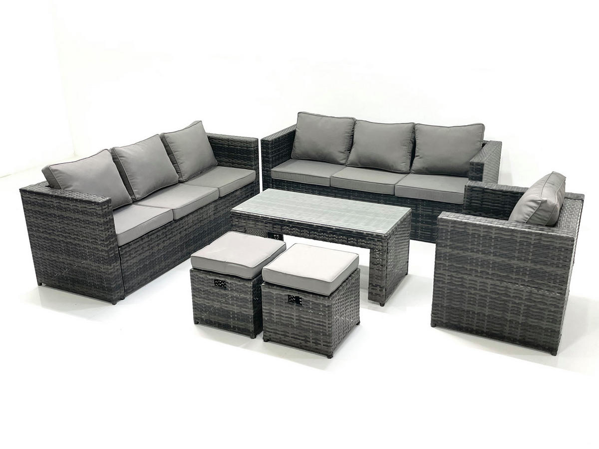 GARTENMÖBEL-SET COUCHTISCH SESSEL SOFA mit HOCKER Polyrattan Dunkelgrau Gemischt 9-Sitzer - Dunkelgrau/Grau, Glas/Kunststoff - Fimous