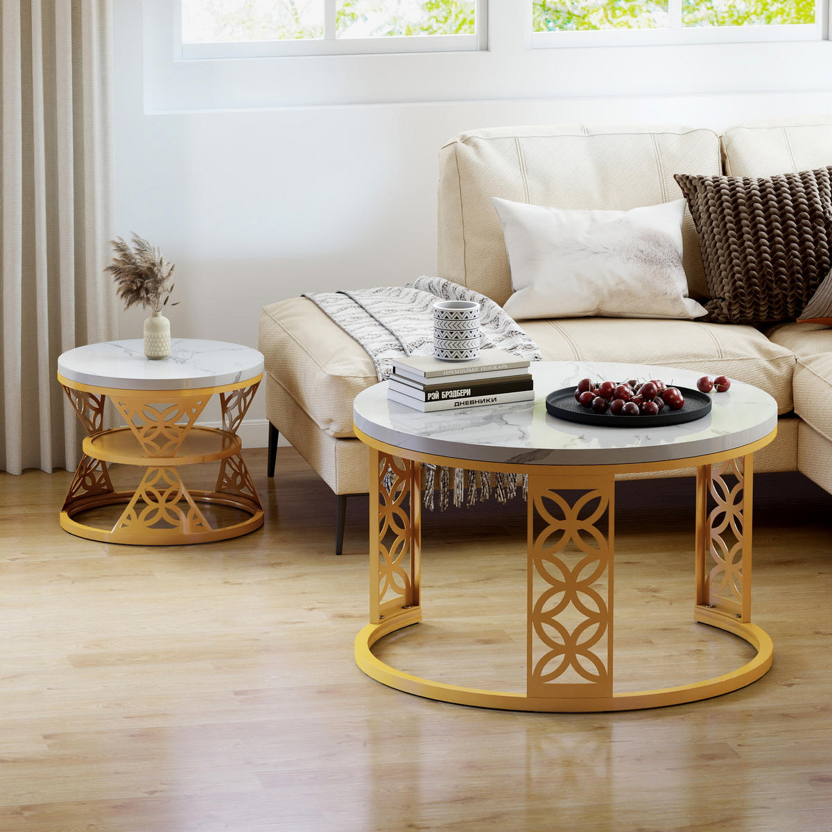 COUCHTISCH Moderner Nesting Satztisch 70/70/45 cm + 45/45/37 cm Kontrastfarbendesign - Weiß, Holzwerkstoff (70/70/45cm) - OKWISH