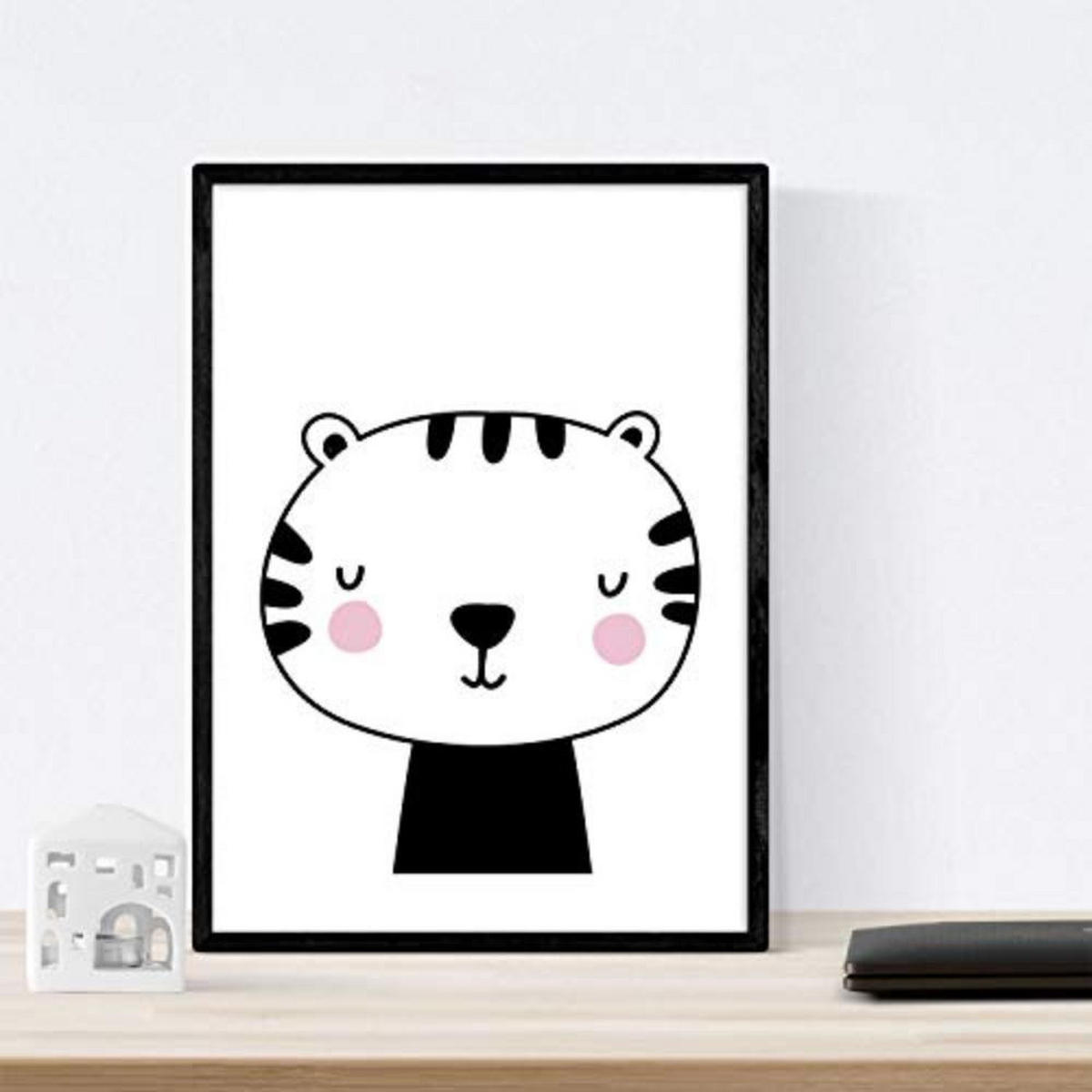 POSTER Set mit 4 Fox, Leon, Katze und Tiger Tieren A3 Schwarzer Rahmen - Schwarz, Papier (29.7/3cm) - Nacnic