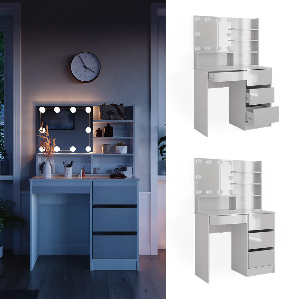 SCHMINKTISCH Sherry Weiß 140 cm mit LED Beleuchtung, und Spiegelregal - Weiß, Holzwerkstoff (40/75/140cm) - Vicco