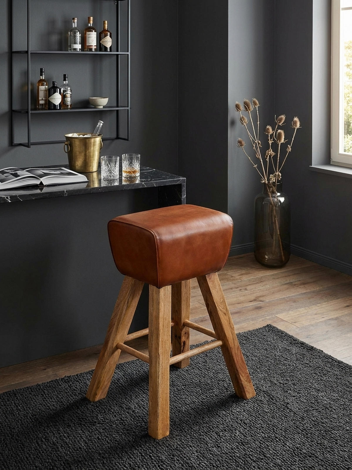 BARHOCKER – Ziegenleder und Mango Massivholz, Turnbock-Design, 43x75x43 cm, Dunkelbraun - Braun, Mangoholz/Leder (43/75/43cm) - KADIMA DESIGN