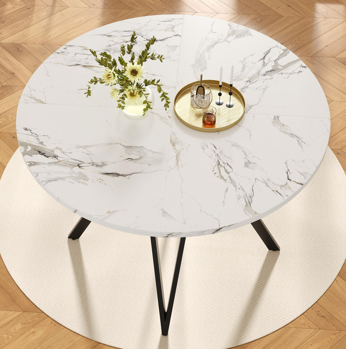 ESSTISCH Rund 100/100/76 cm Schwarz aus MDF in Marmoroptik mit Metallgestell - Schwarz, Holzwerkstoff (100/100/76cm) - OKWISH