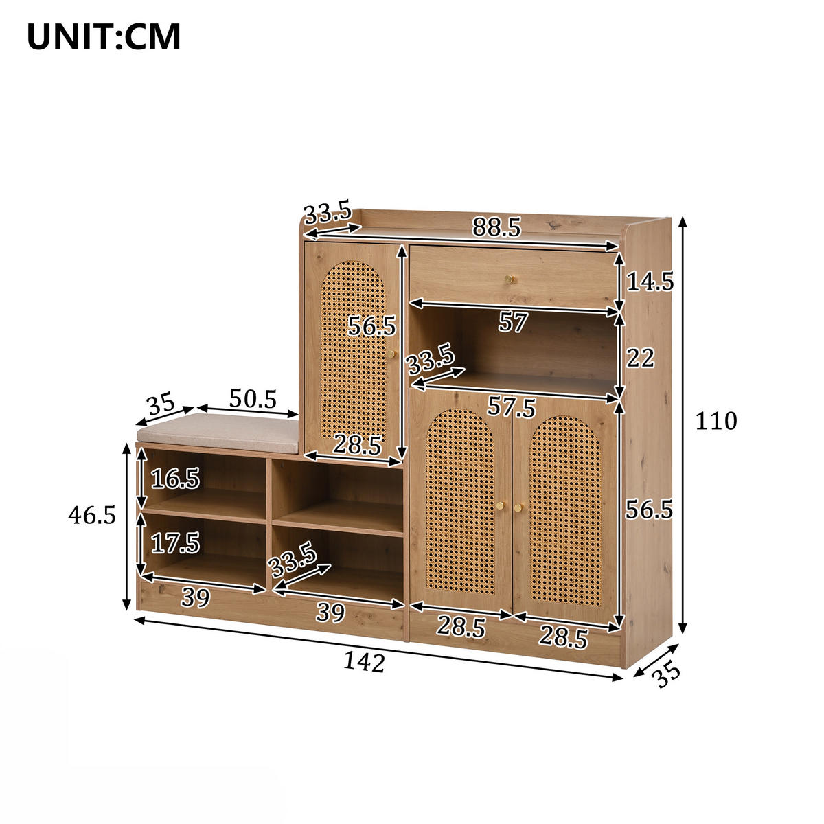 SCHUHSCHRANK mit Sitzbank Rattan Holzoptik 142x35x110cm - Naturfarben, Holzwerkstoff (35/110/142cm) - FLIEKS