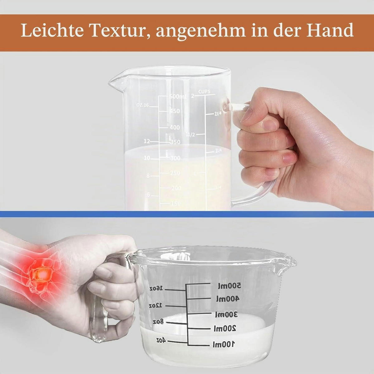 MESSBECHER Glas 500 ml mit drei Skalen und Auslauf - Transparent, Glas (0.5L)