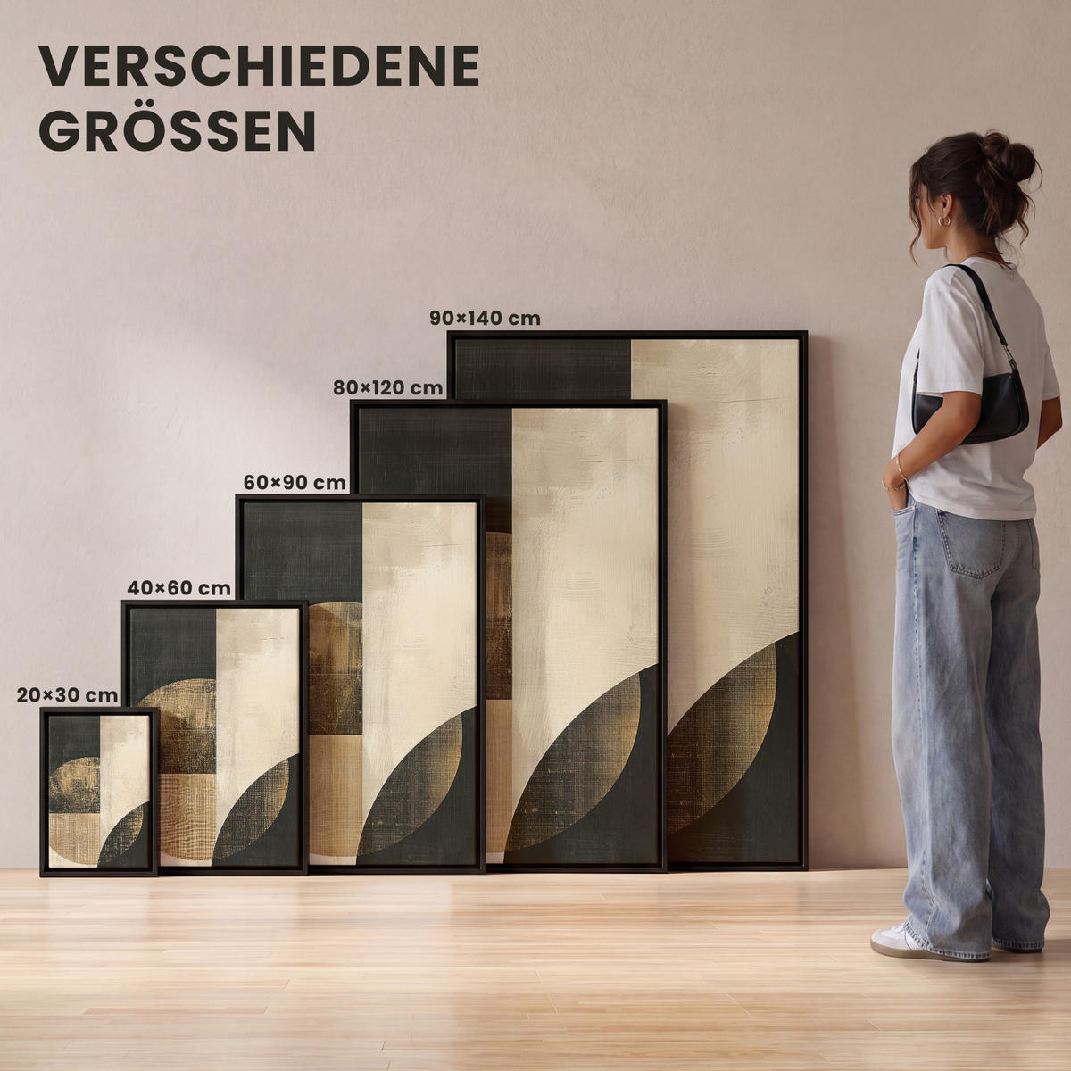 LEINWAND Bilder mit Rahmen - Abstrakt - Geometrische Formen - Schwarz - Gold - 60x90 - Ecru, Textil (60/90cm) - MuchoWow