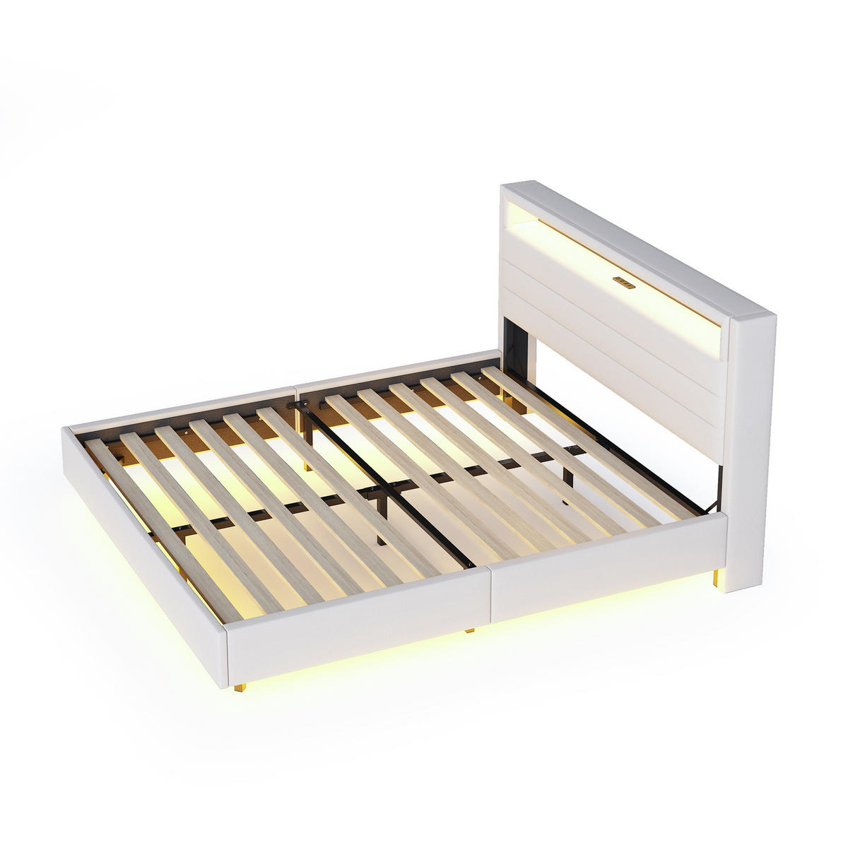 POLSTERBETT mit Leinenstoff 160x200 cm Beige mit LED-Beleuchtung, USB-Steckdose und Stauraum - Beige, Textil (160/200cm) - IVMEU