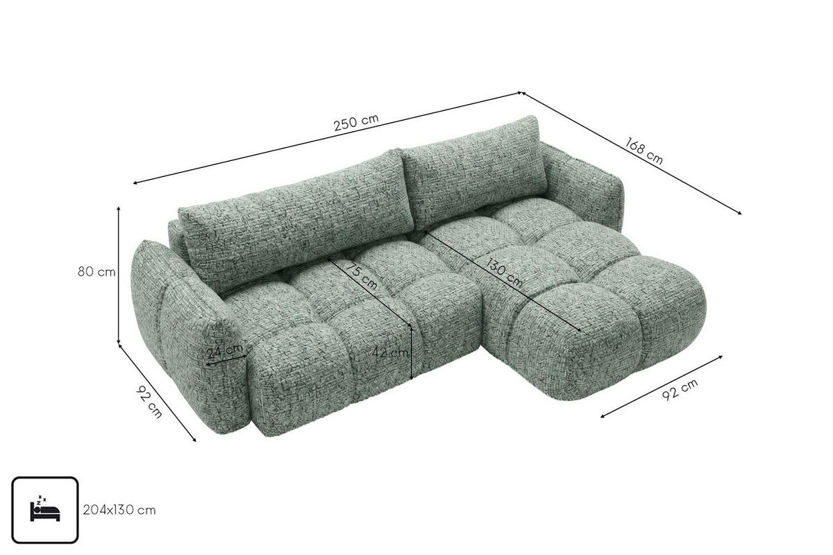ROHOVÁ SEDAČKA ve tvaru L s funkcí spaní, žinylková tkanina Puente, Mátová, Pravá strana, BELVEDER L - mátově zelená, dřevo (250/168cm) - Kaiser Möbel