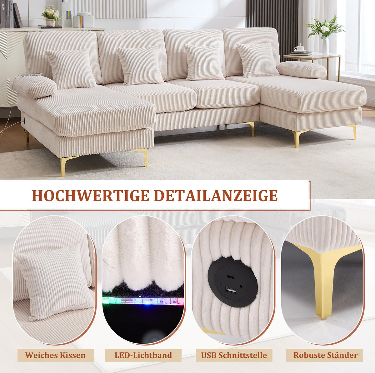 WOHNLANDSCHAFT 265/135/88 cm in Beige mit LED-Beleuchtung und USB-Anschluss - Beige, Textil (135/88/265cm) - Flora Grace