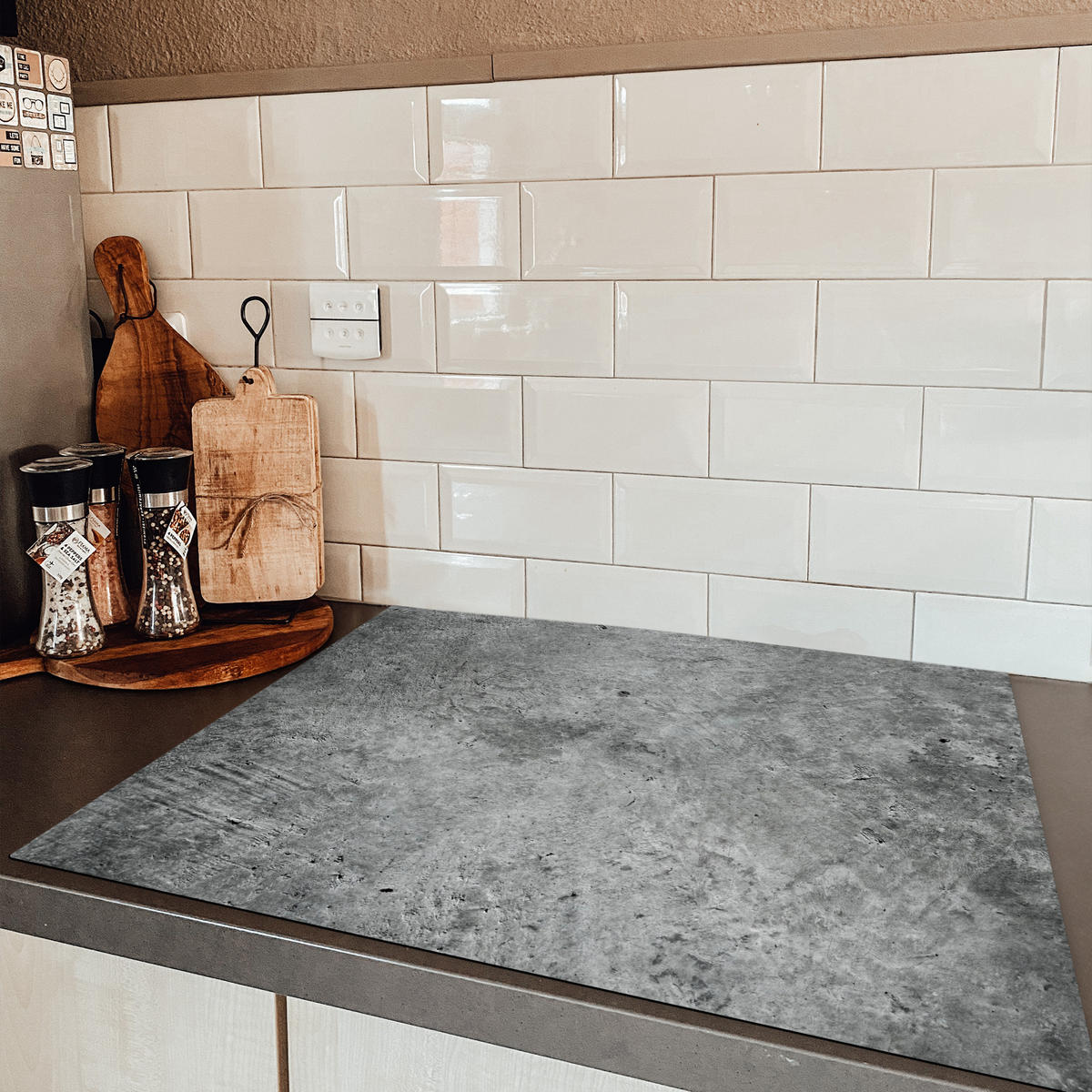 HERDABDECKPLATTE Beton - Schiefer - Grau -Betonstruktur Induktionsmatte 77x59 cm - Grau, Kunststoff (77/59/0.2cm) - MuchoWow