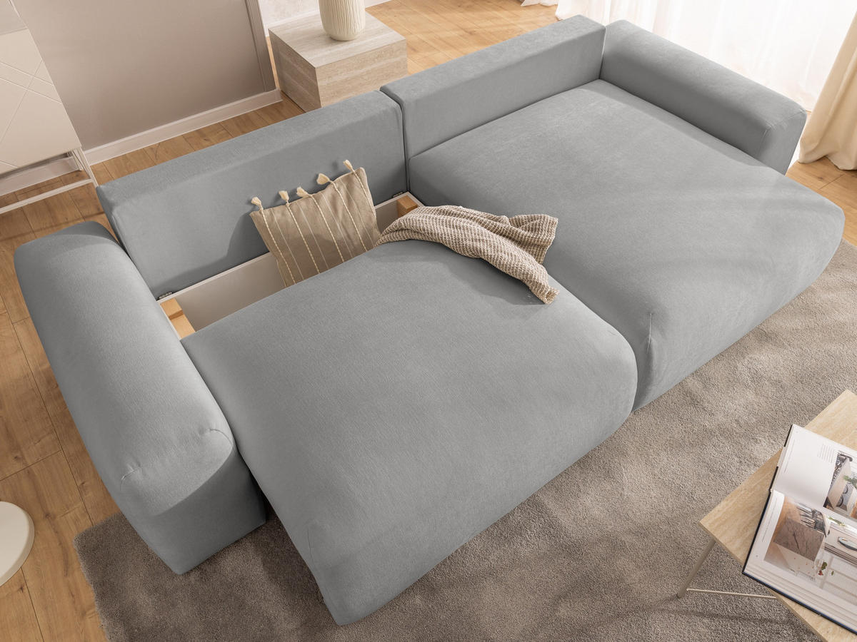 ECKSOFA Puffy mit Schlaffunktion und Bettkasten - besonders weich und puffig aus Grau Webstoff - Ottomane rechts - Schwarz/Grau, Holz/Kunststoff (266/138cm) - S-Style Möbel