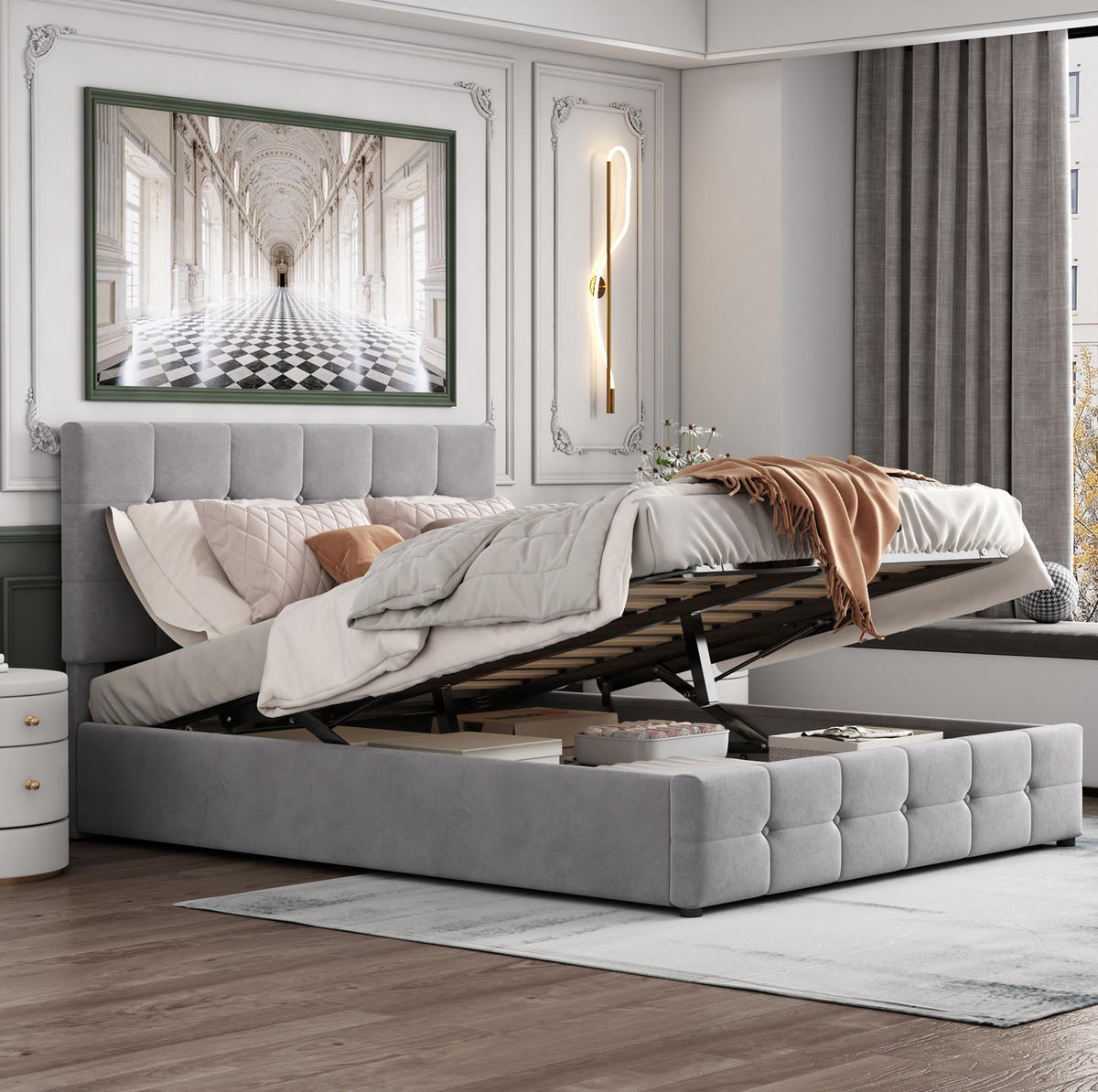 ČALÚNENÁ posteľ z MDF, kovu a zamatu 140x200 cm sivá s hydraulickým úložným priestorom a lamelovým roštom - sivá, textil (140/200cm) - Modfu