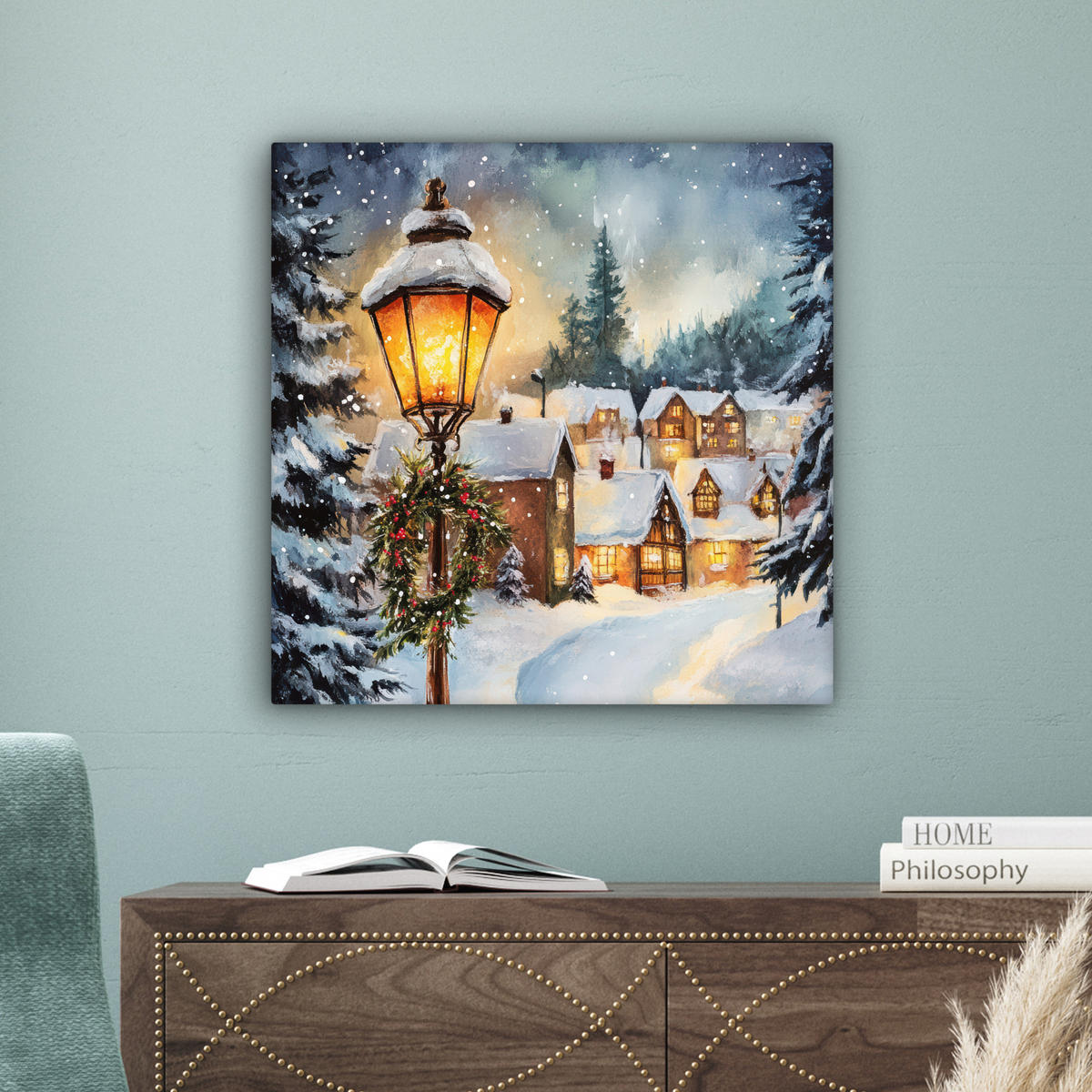 LEINWANDBILD Weihnachtsdorf - Häuser - Schnee - Weihnachten 50x50 cm - Sandfarben, Textil (50/50cm) - MuchoWow