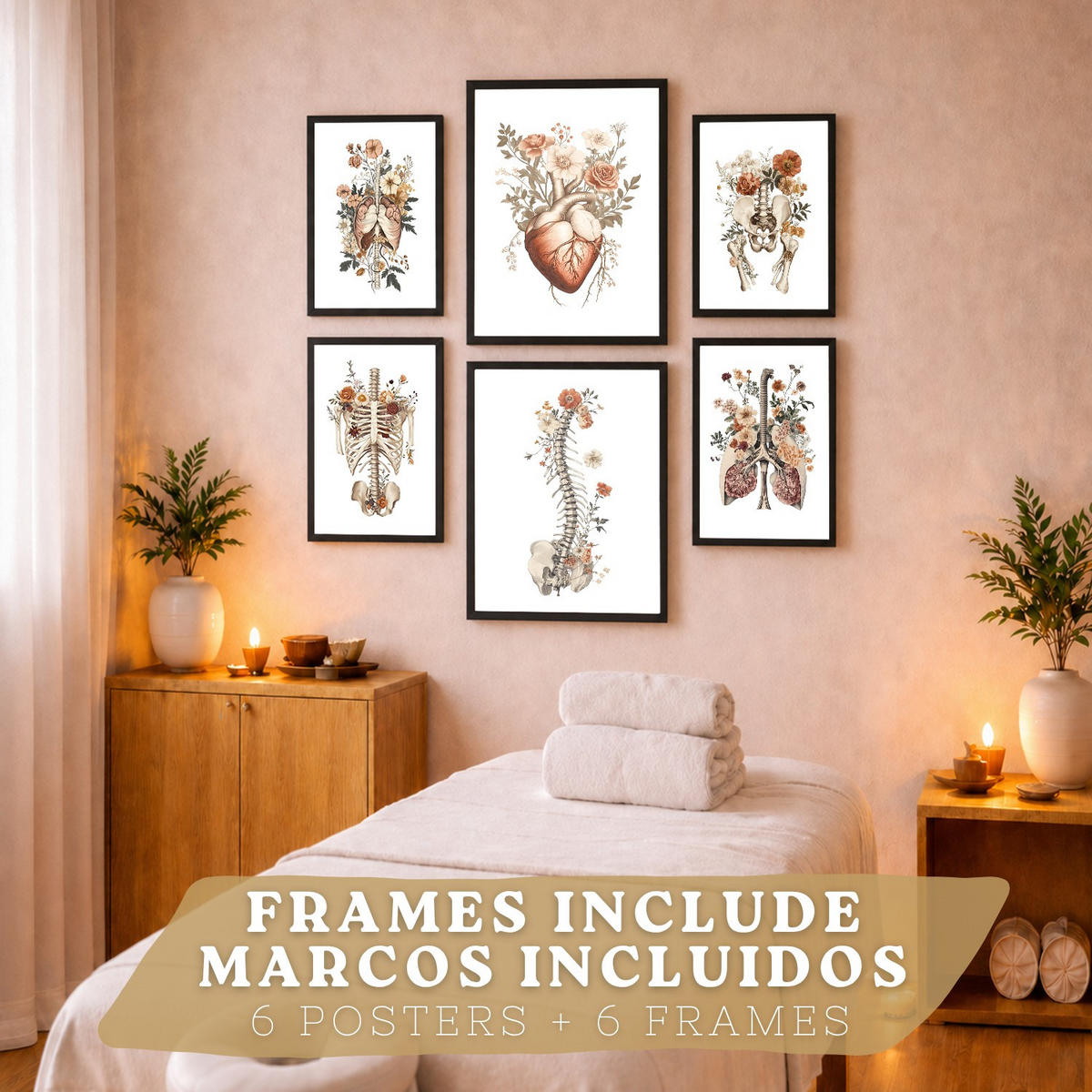 POSTER Set aus 6 Anatomie Mensch Florale Aquarell Drucke und mit Gehirn Lungen Skelett Nieren und Organen Botanische Größe Schwarzer Rahmen A3 & A4 - Schwarz, Papier (21/29.7/3cm) - Nacnic
