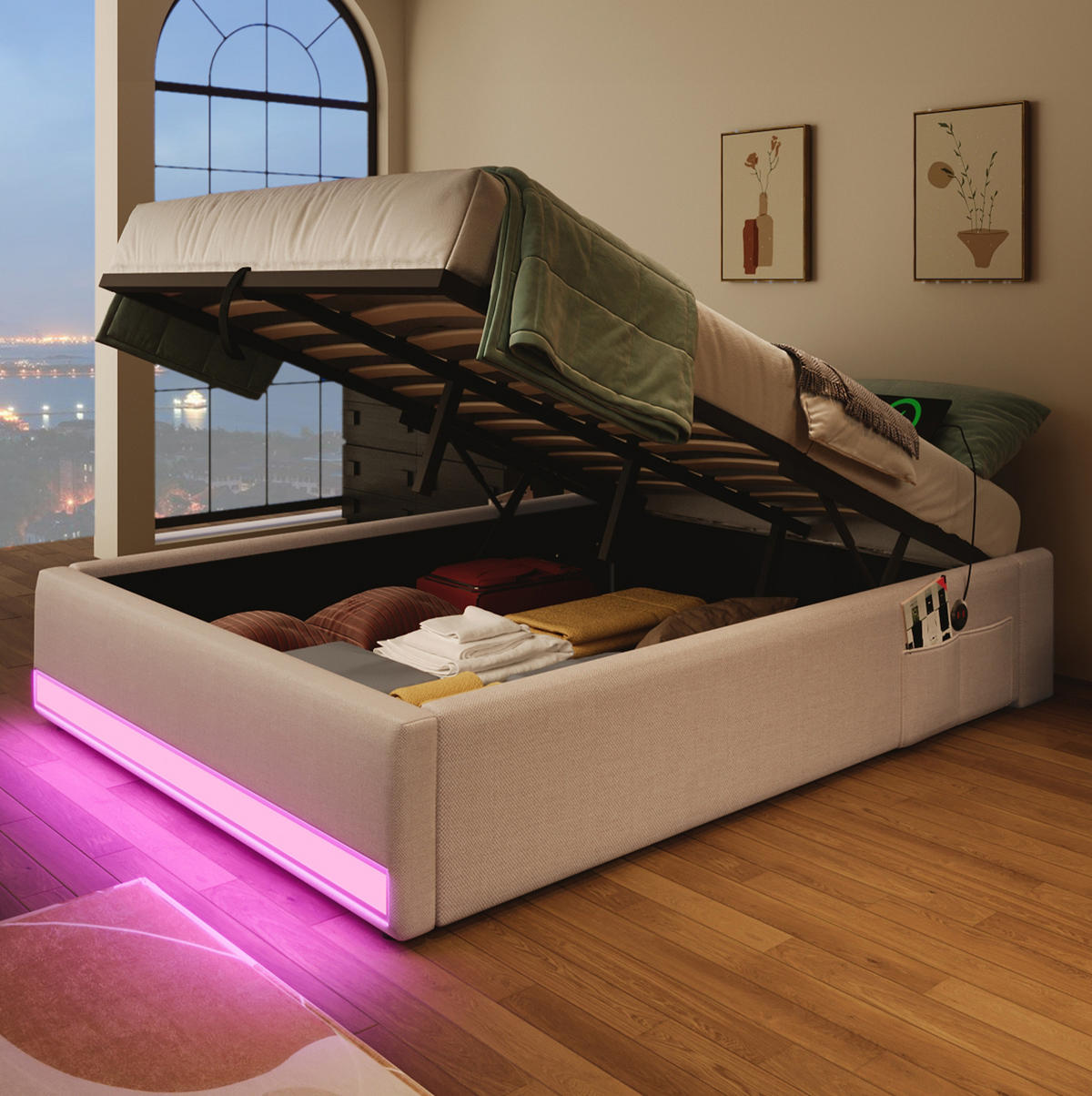 POLSTERBETT 90/200 cm Beige mit Stauraum, LED-Beleuchtung und USB - Beige, Textil (90/200cm) - Flora Grace