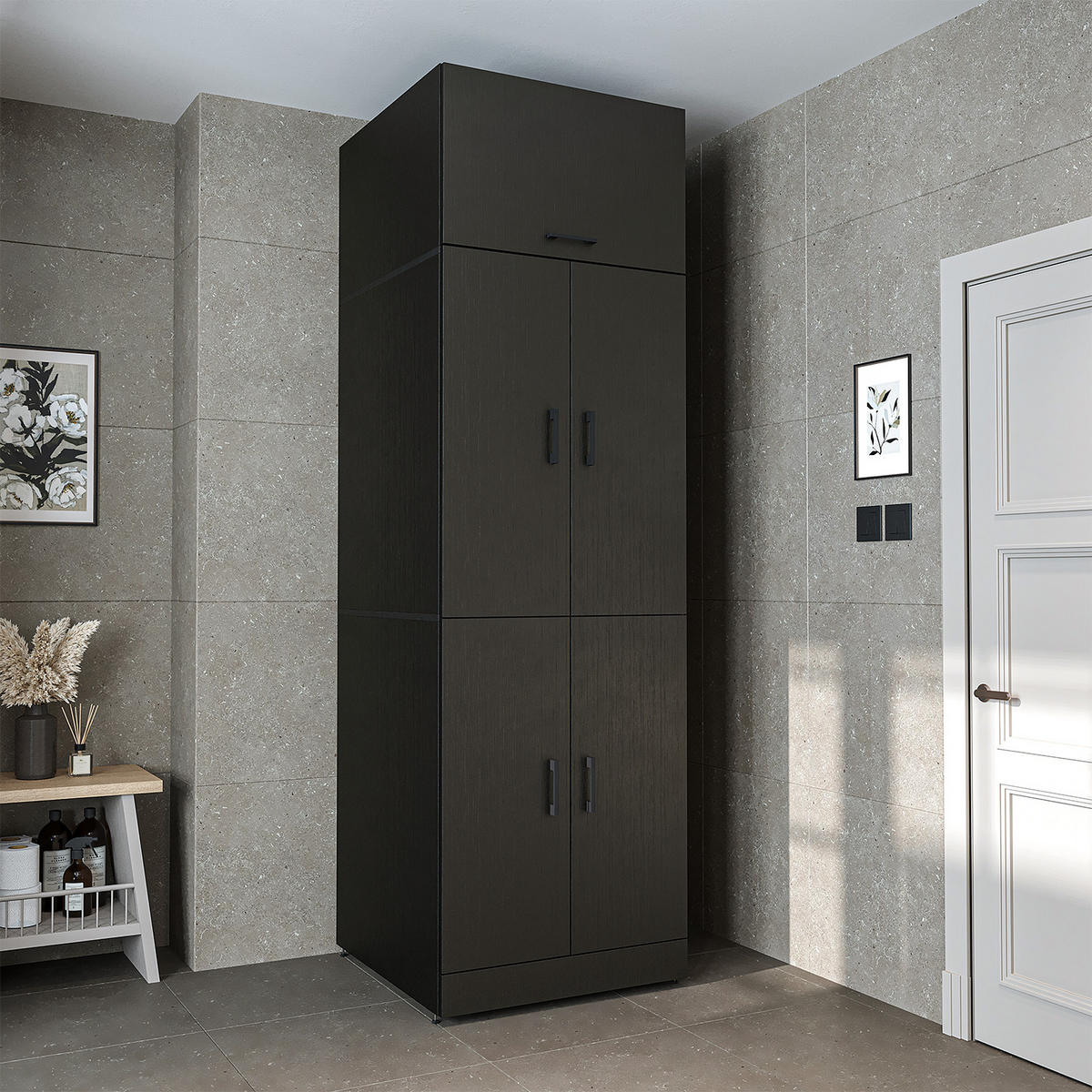 WASCHMASCHINENSCHRANK DORA-I 70cm Breit, 230cm Hoch - Schwarz, Holzwerkstoff (70/230/74cm)
