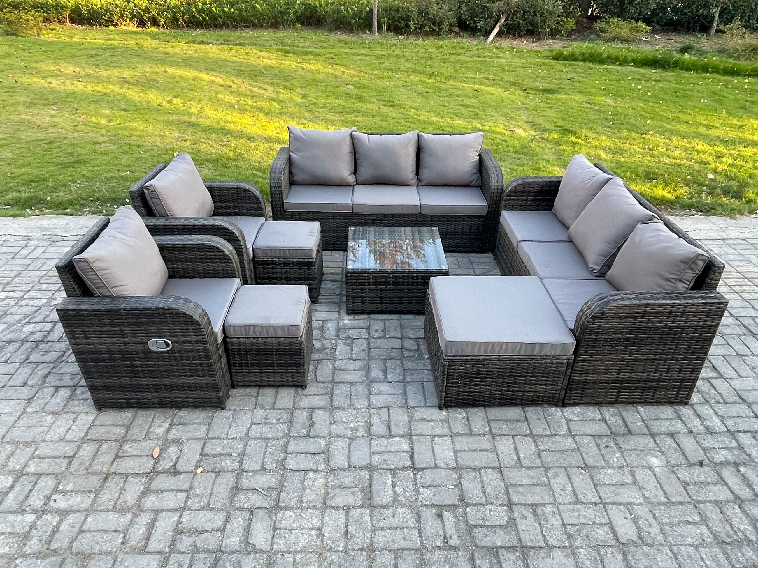 GARTENTISCHGRUPPE Polyrattan Dunkelgrau 8-teilige - Dunkelgrau/Grau, Glas/Kunststoff - Fimous