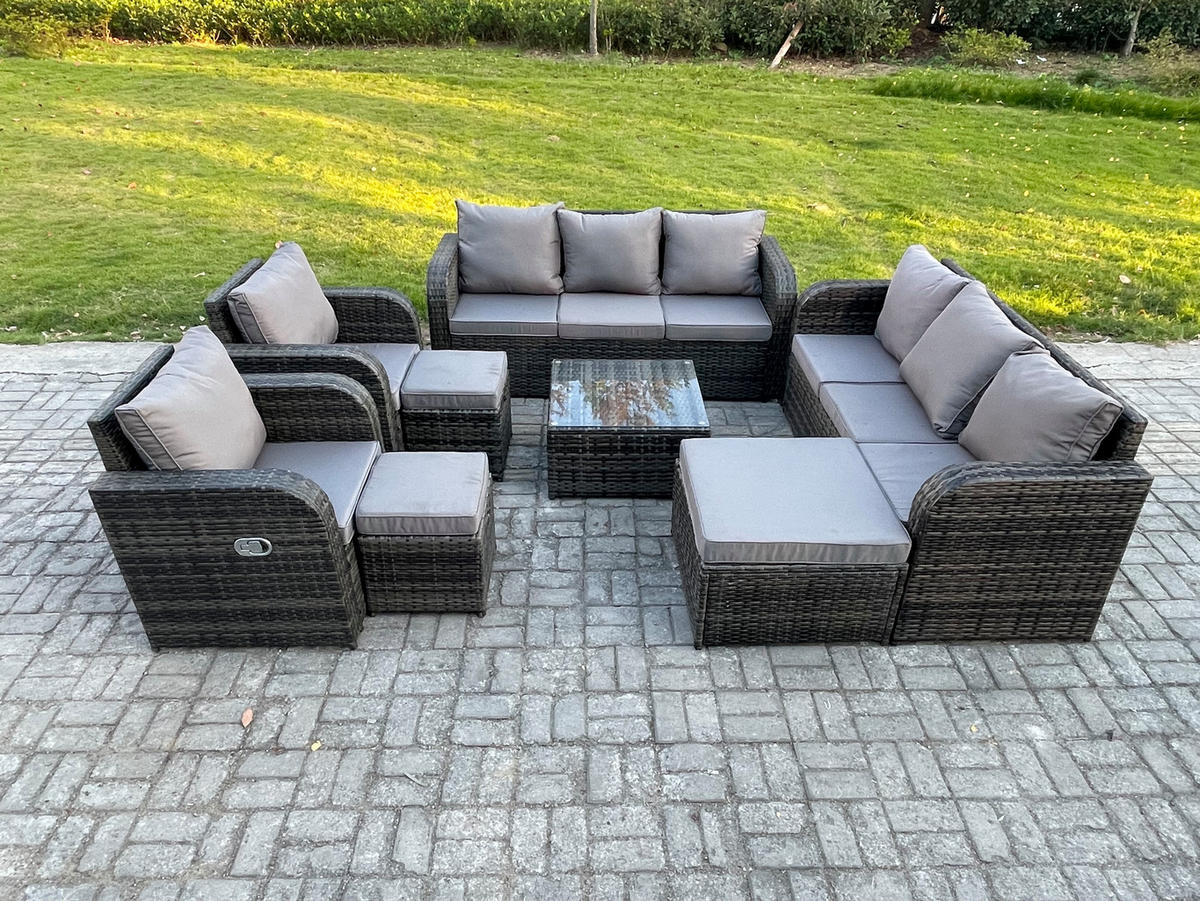 GARTENTISCHGRUPPE Polyrattan Dunkelgrau 8-teilige - Dunkelgrau/Grau, Glas/Kunststoff - Fimous