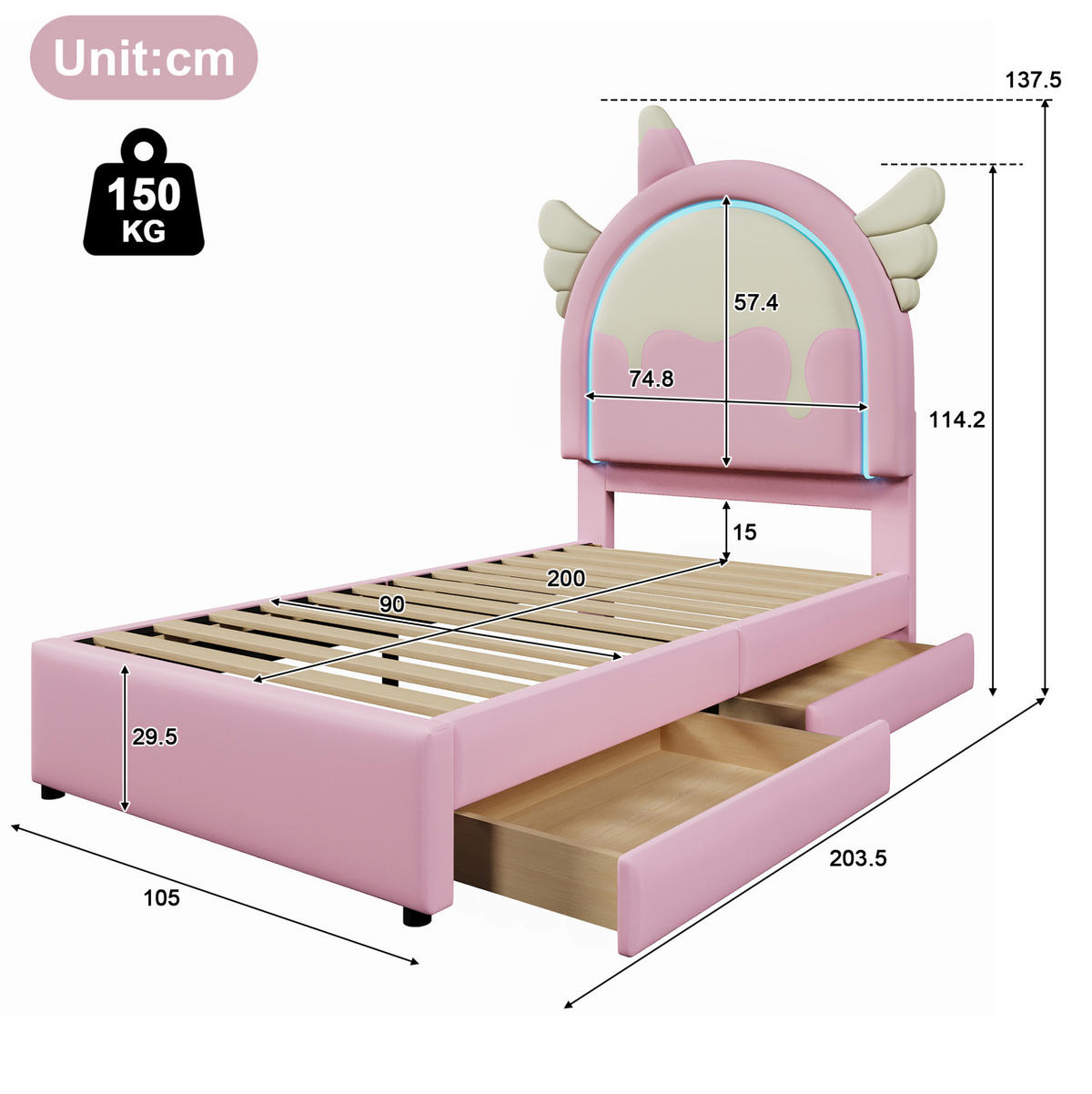 POLSTERBETT Einhornform 90/200 cm, Pink, mit Leuchtleiste, 2 Schubladen, ohne Matratze - Pink, Kunststoff (90/200cm) - MIVRAY