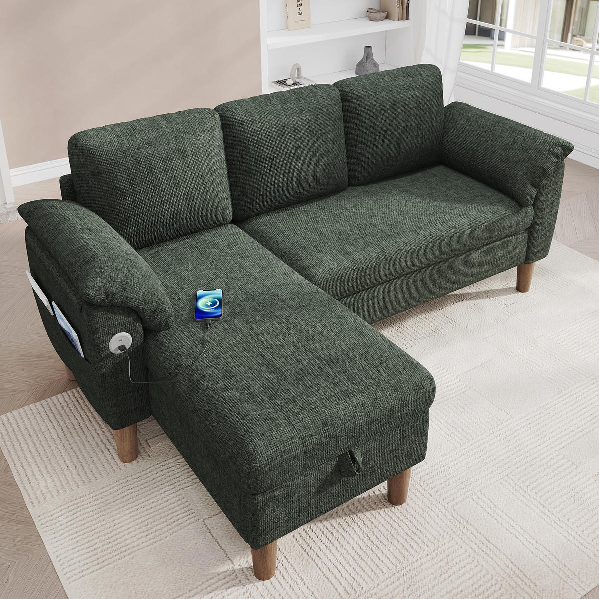 ECKSOFA 181/125/88 cm Grün mit Stauraum-Chaiselongue und USB/Type-C-Ladeanschluss - Grün, Textil (181/125cm) - Oxeza