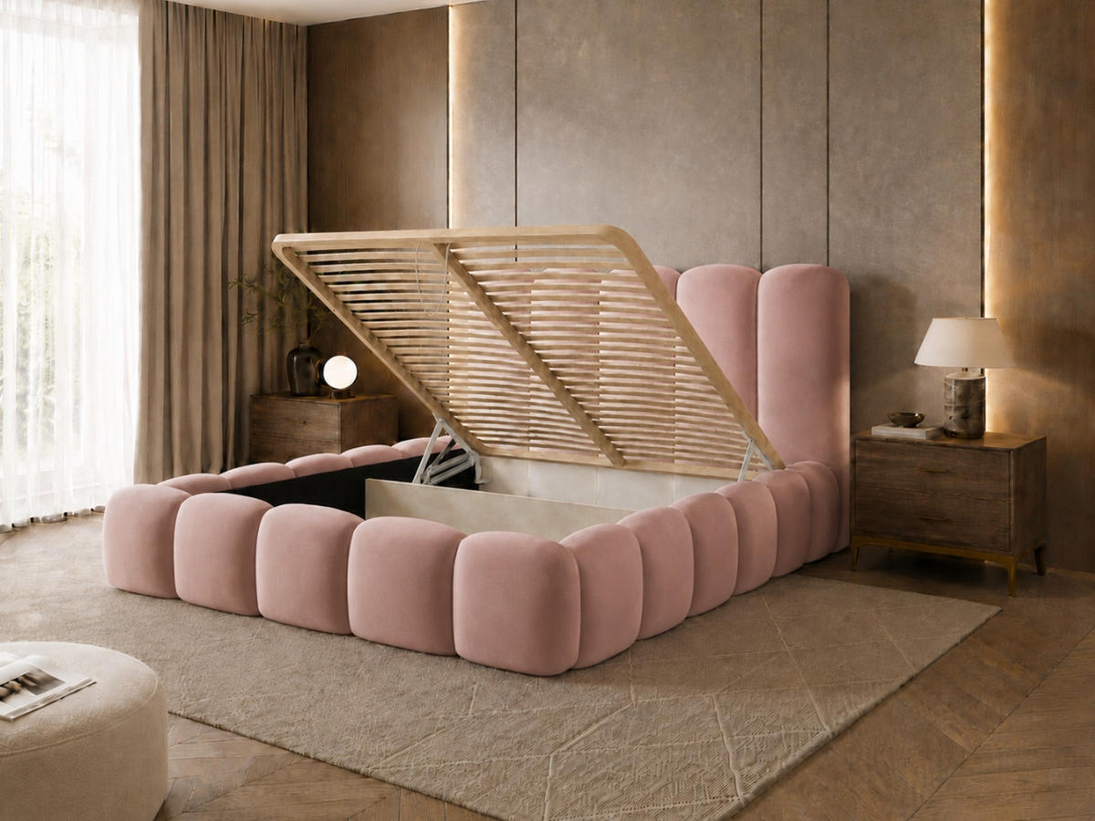 POLSTERBETT TEDDY 180x200 cm in Rosa, gepolstertes Kopfteil, Lattenrost, Bettkasten, Velvet-Stoff - Pink, Holz/Textil (180/200cm) - EMLAR Home