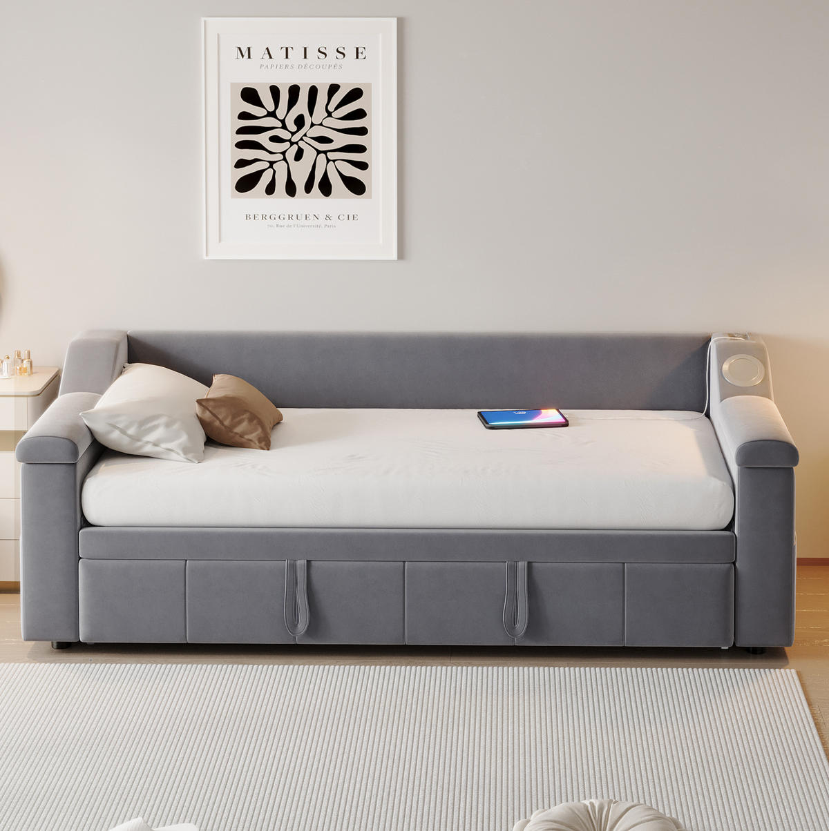 SCHLAFSOFA 90/190-180/190 cm mit hydraulischem Auszug, Bluetooth-Stereo, USB und Ablagefächern, Grau - Grau, Textil (216/69/97cm) - Redom