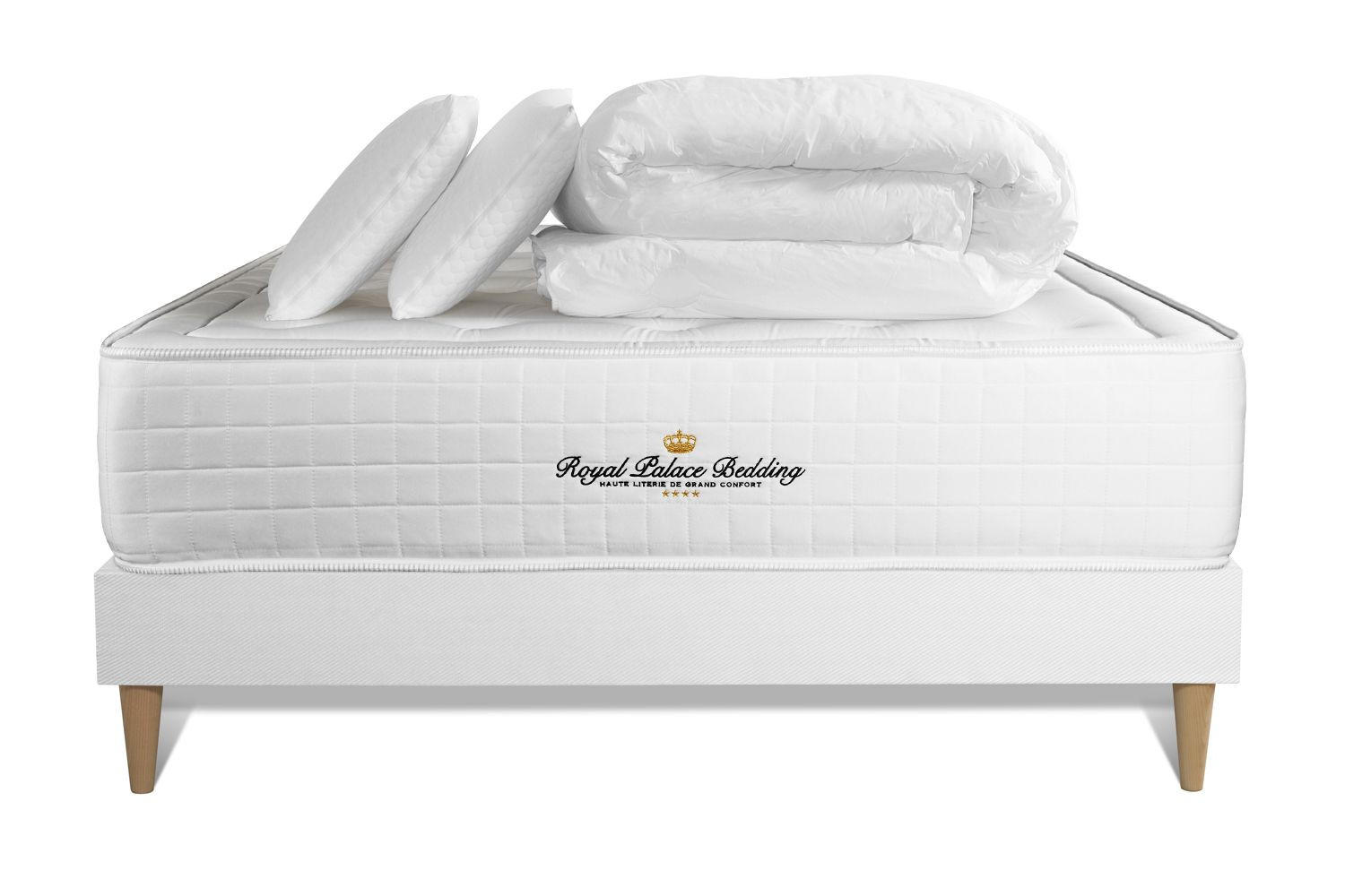 BETT Buckingham Memory-Schaum 140 x 200 cm h1 - Kit Bettgestell Weiß - Mit Kissen und Bettdecke - Beige/Weiß, Holz/Textil (140/200cm) - ROYAL PALACE BEDDING