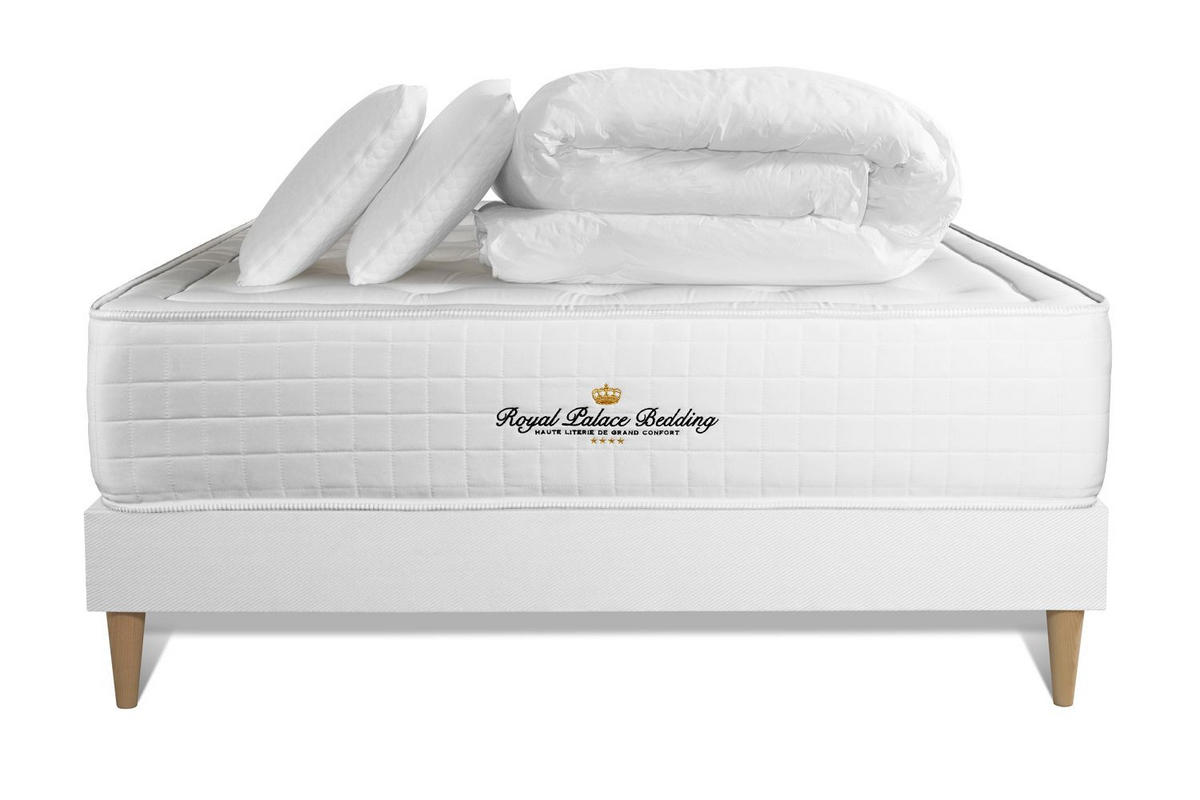 BETT Buckingham Memory-Schaum 140 x 200 cm h1 - Kit Bettgestell Weiß - Mit Kissen und Bettdecke - Beige/Weiß, Holz/Textil (140/200cm) - ROYAL PALACE BEDDING