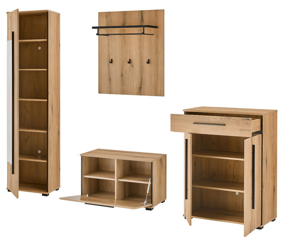 GARDEROBEN-SET Evoke Eiche 5-teilig 230 cm, Flurgarderobe mit viel Stauraum - Eichefarben/Dunkelgrau, Glas/Holzwerkstoff (230/230/40cm) - Furn.Design
