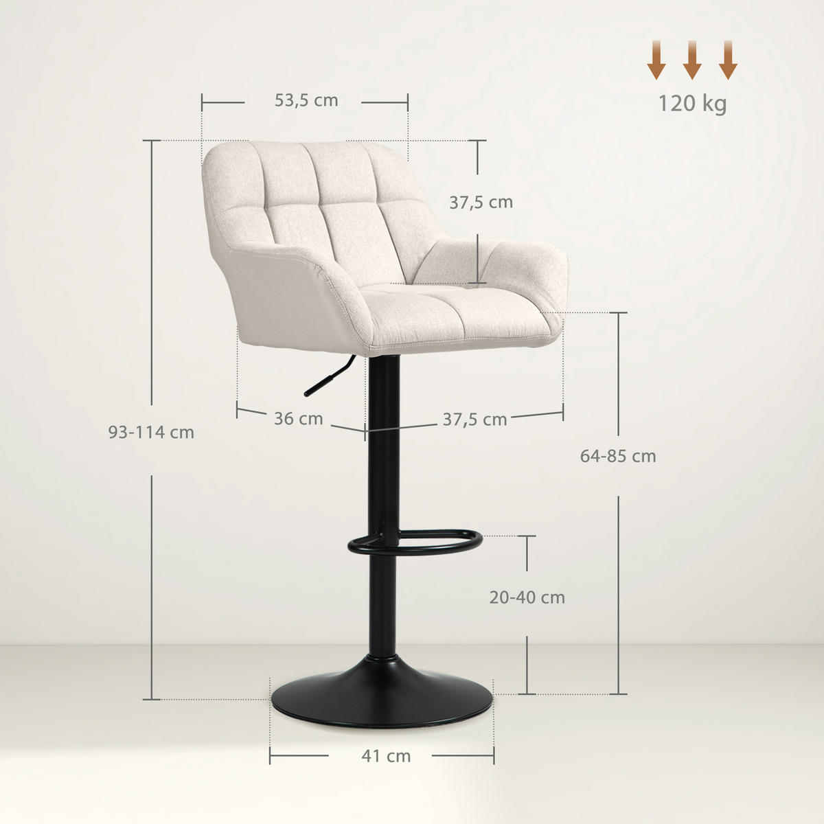 BARHOCKER 2er-Set DE-07996 Retro-Design, höhenverstellbar, 360° drehbar Creme - Creme, Metall (52.5/114/57.5cm) - ComfortXL