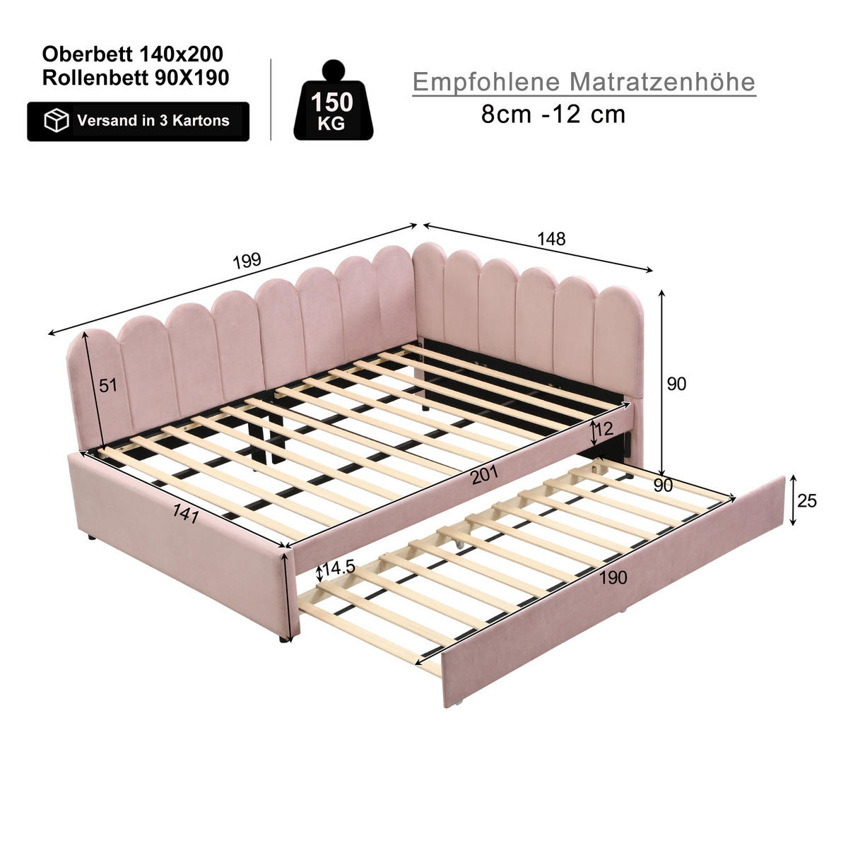 MULTIFUNKTIONSBETT mit Ausziehbett und blütenblattförmiger Rückenlehne Rosa 140/205/90 cm - Rosa, Leder (140/200cm) - OKWISH